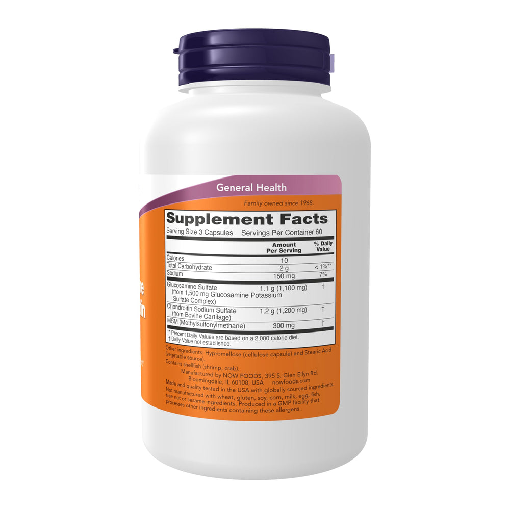 Close-up of NOW Foods Glucosamine & Chondroitin with MSM bottle showing 180 capsules