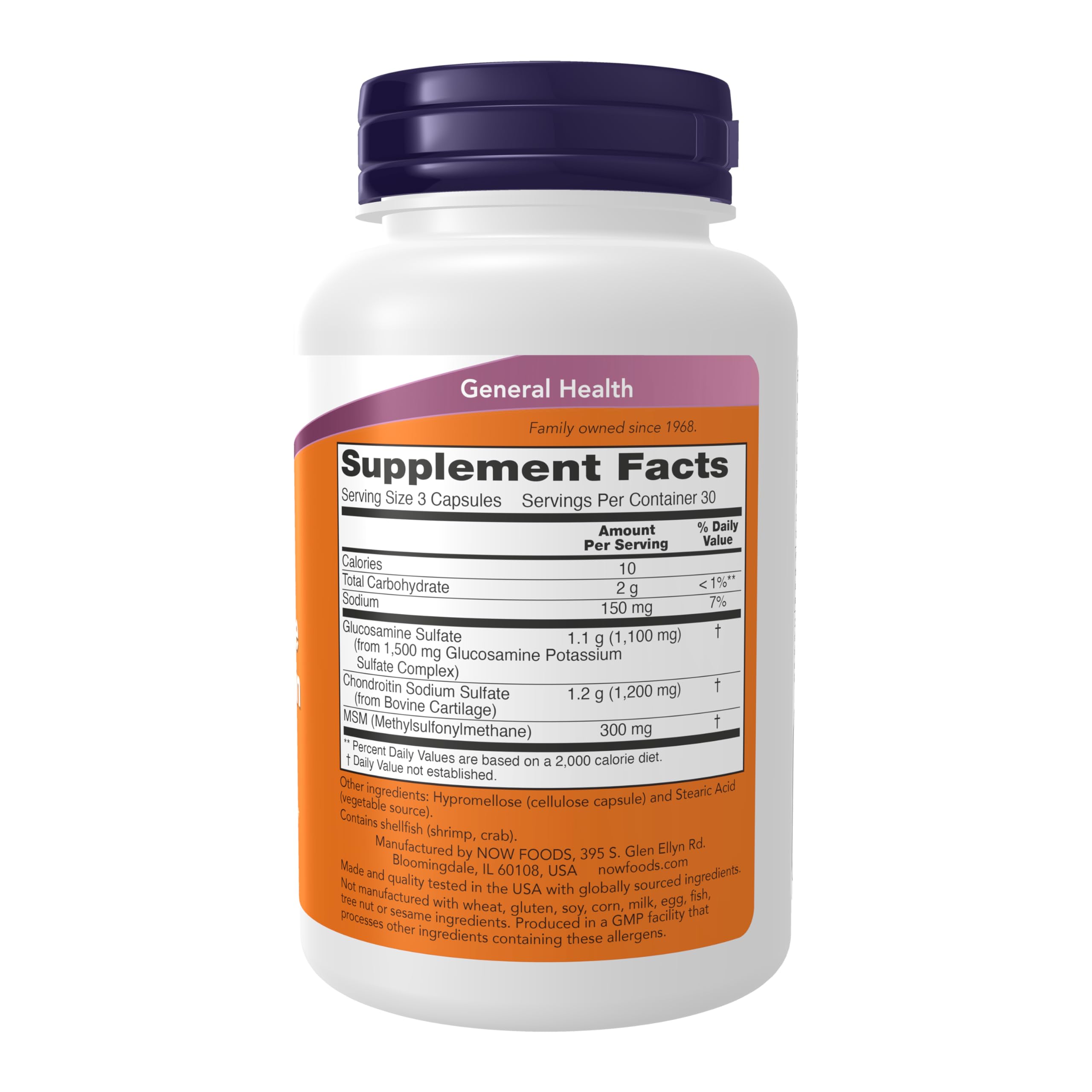 Supplement facts panel featuring glucosamine, chondroitin, and MSM
