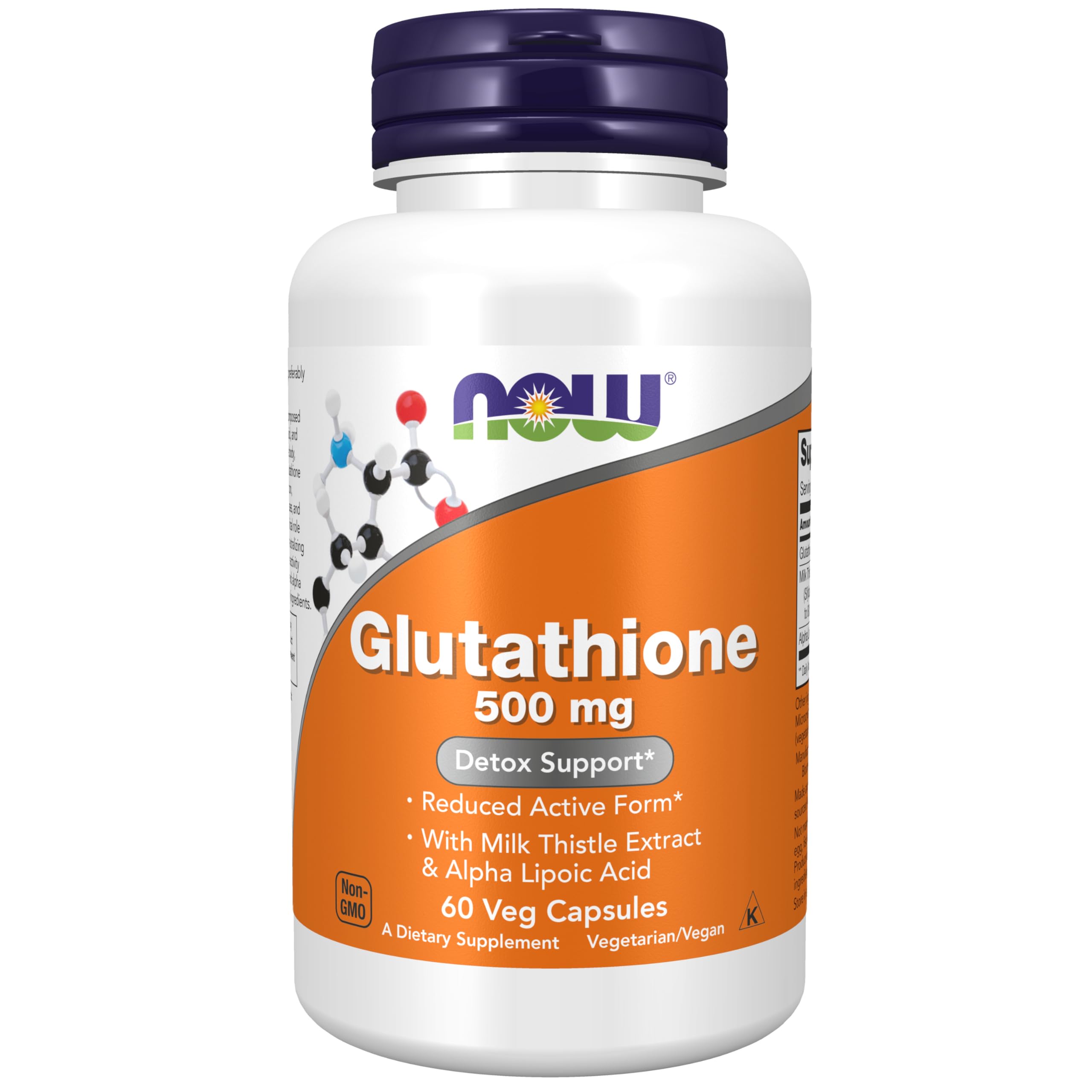 NOW Foods Glutathione 500mg bottle with capsules, potential antioxidant support for daily wellness.