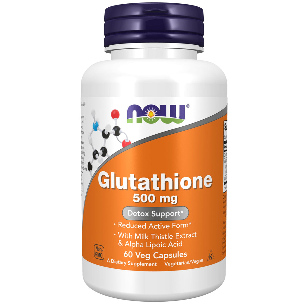 NOW Foods Glutathione 500mg bottle with capsules, potential antioxidant support for daily wellness.