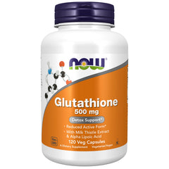 NOW Foods Glutathione 500 mg with Milk Thistle and Alpha Lipoic Acid bottle on beige background