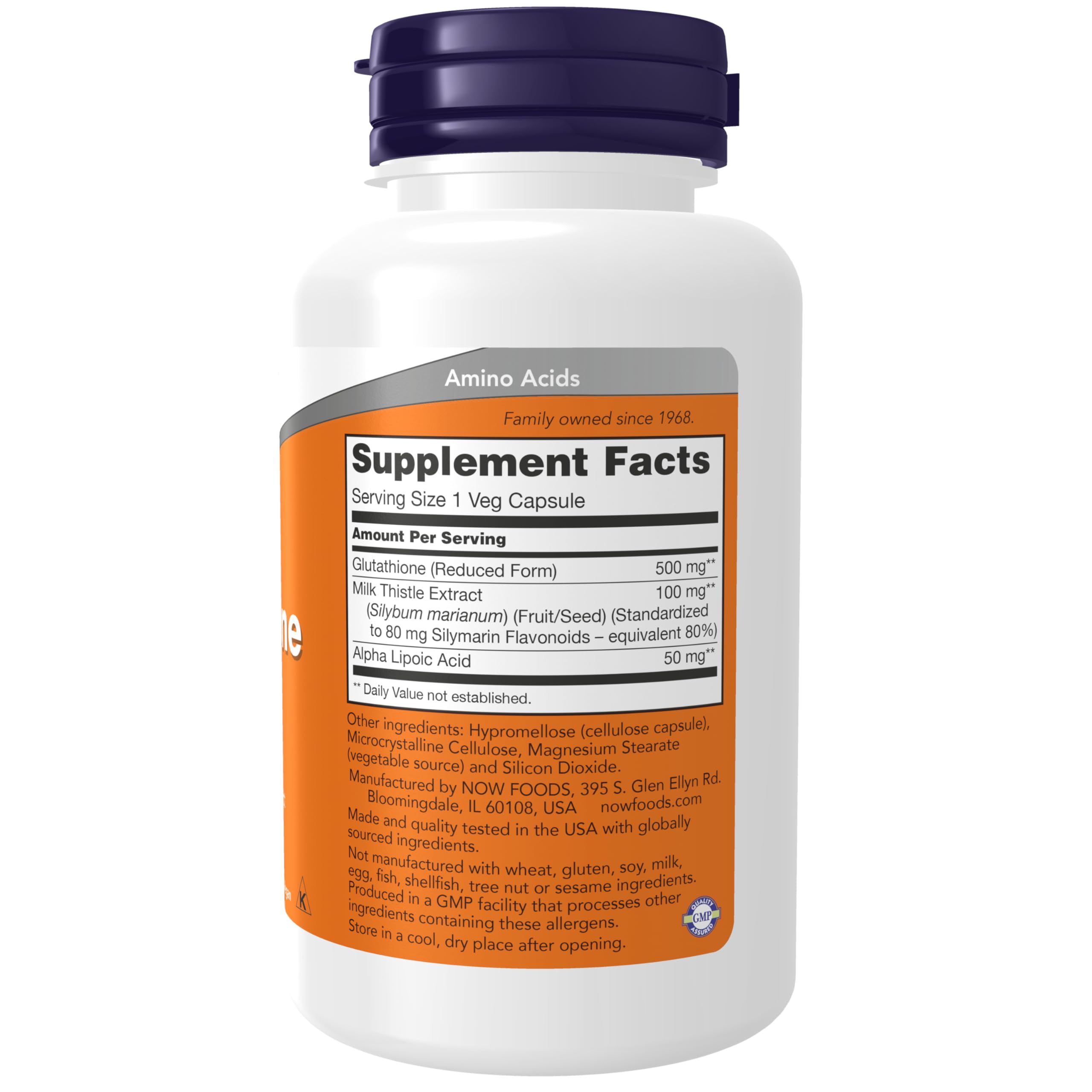 NOW Foods Glutathione capsules closeup, highlighting the compact daily supplement format.