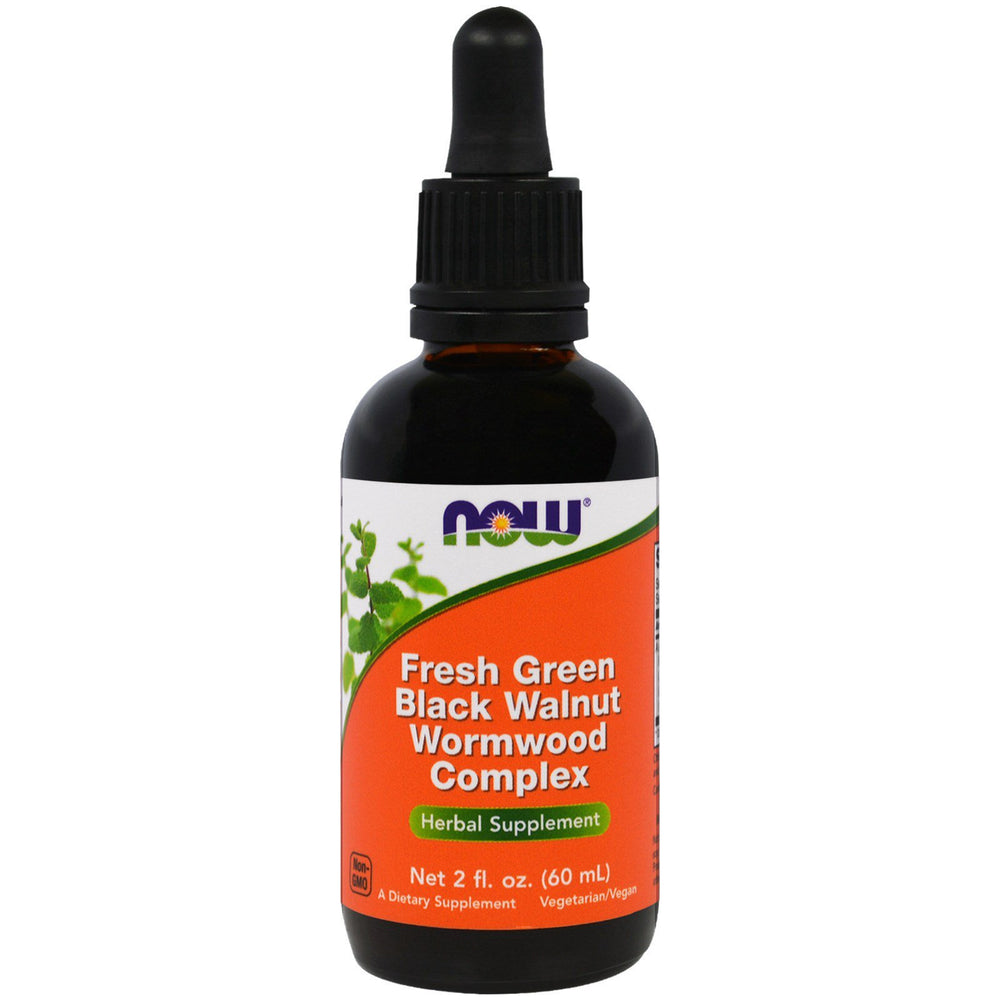 NOW Foods Green Black Walnut Wormwood Complex liquid supplement front view, 2 fl oz
