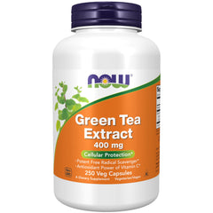 NOW Foods Green Tea Extract 400 mg with Vitamin C bottle and capsules