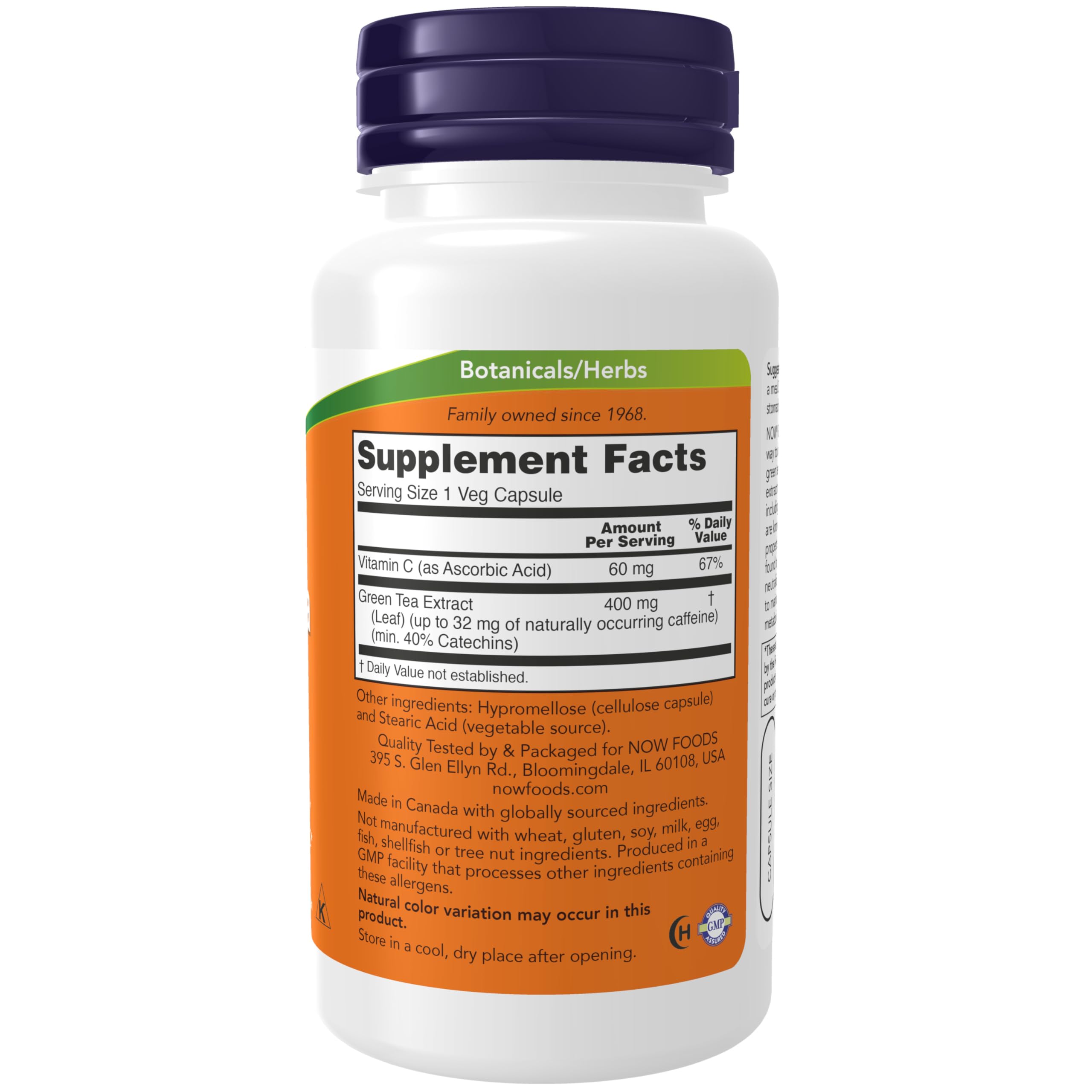 Ingredients panel for NOW Foods Green Tea Extract 400 mg + Vitamin C