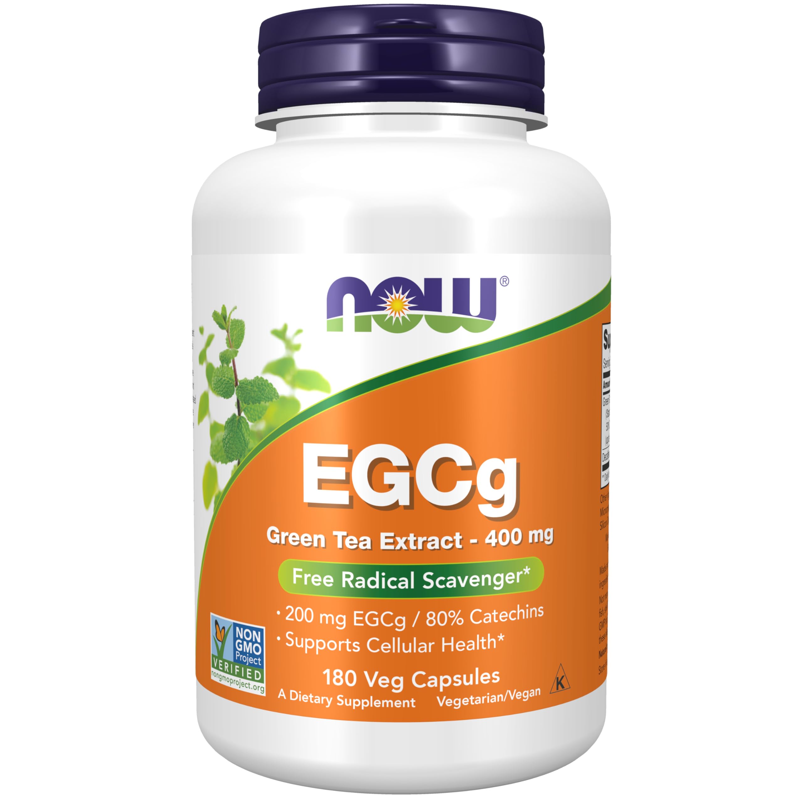 NOW Foods Green Tea Extract EGCG 200 mg per capsule label on bottle (180 vegetarian capsules)