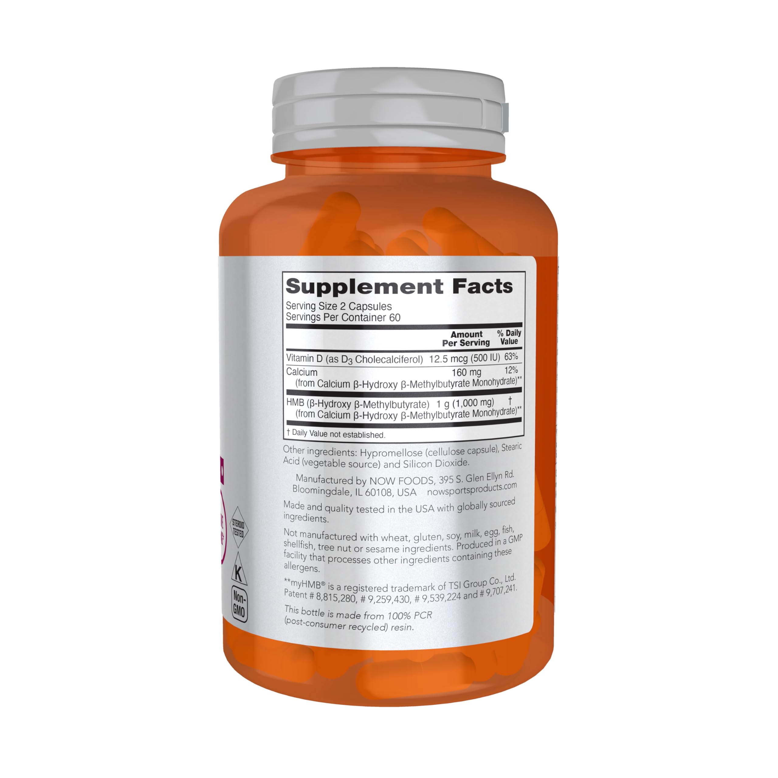 NOW Foods HMB 500 mg capsules close-up highlights easy daily use for recovery.