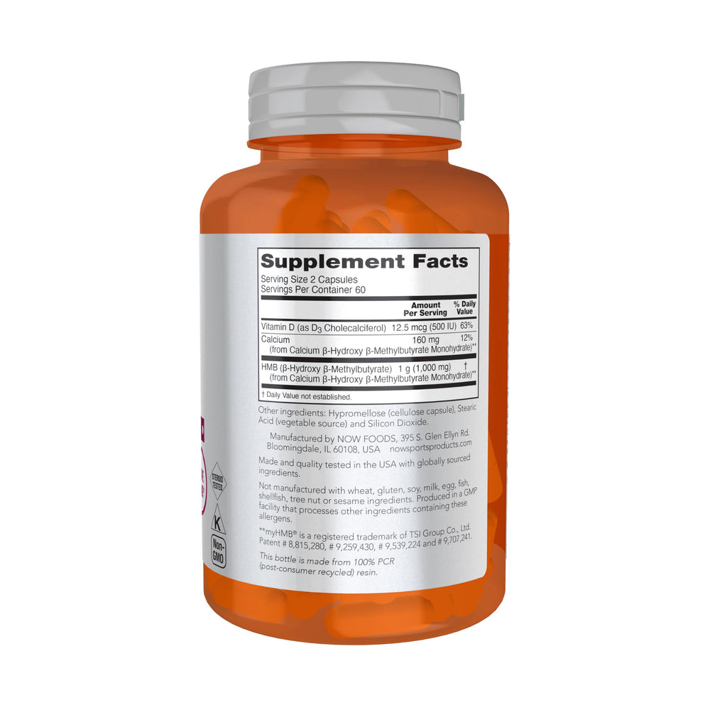 NOW Foods HMB 500 mg capsules close-up highlights easy daily use for recovery.