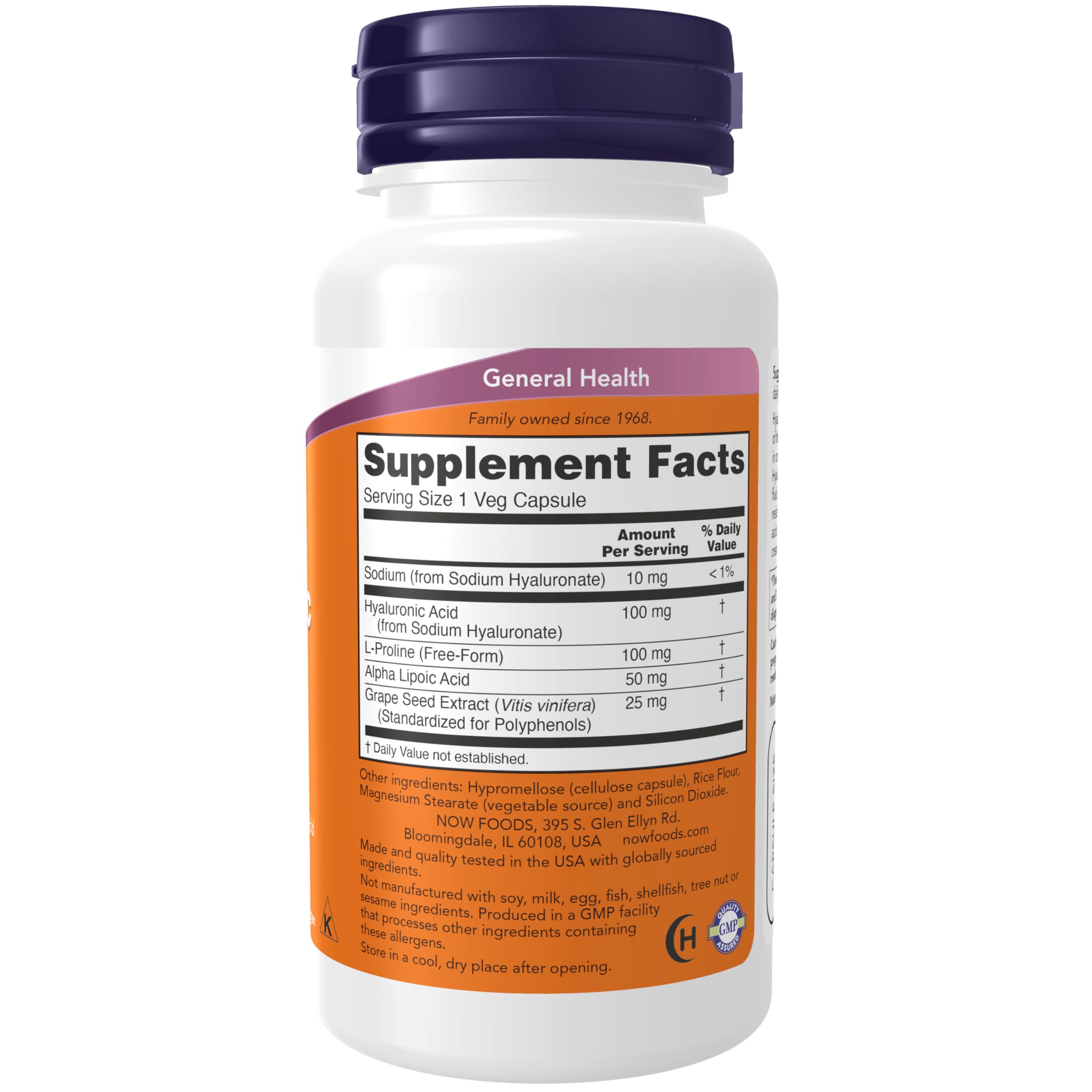 NOW Foods Hyaluronic Acid 100 mg double-strength veggie capsule label