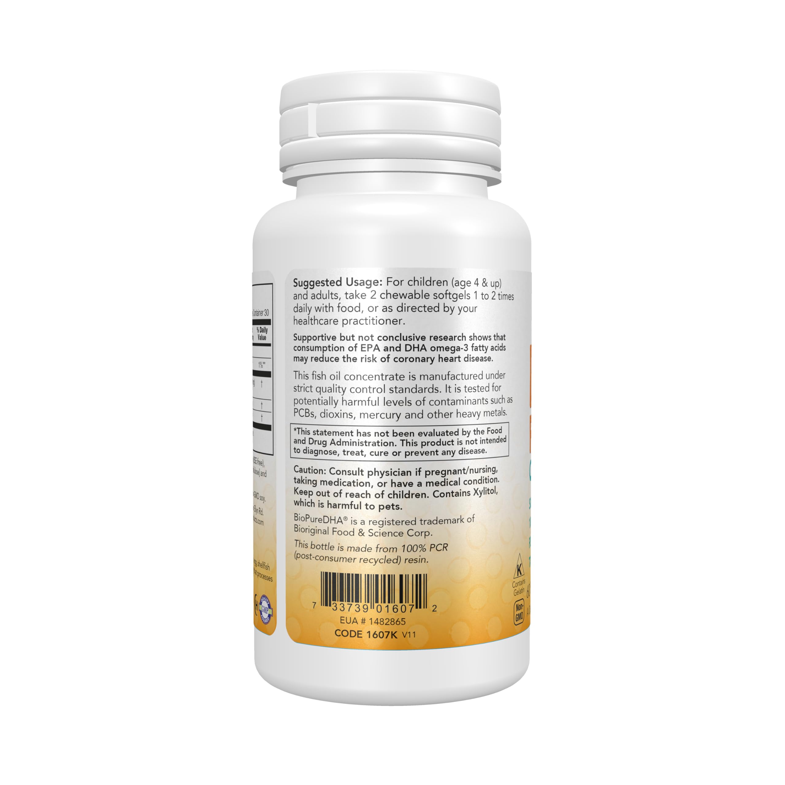 NOW Foods Kids DHA bottle with fruit-flavor label