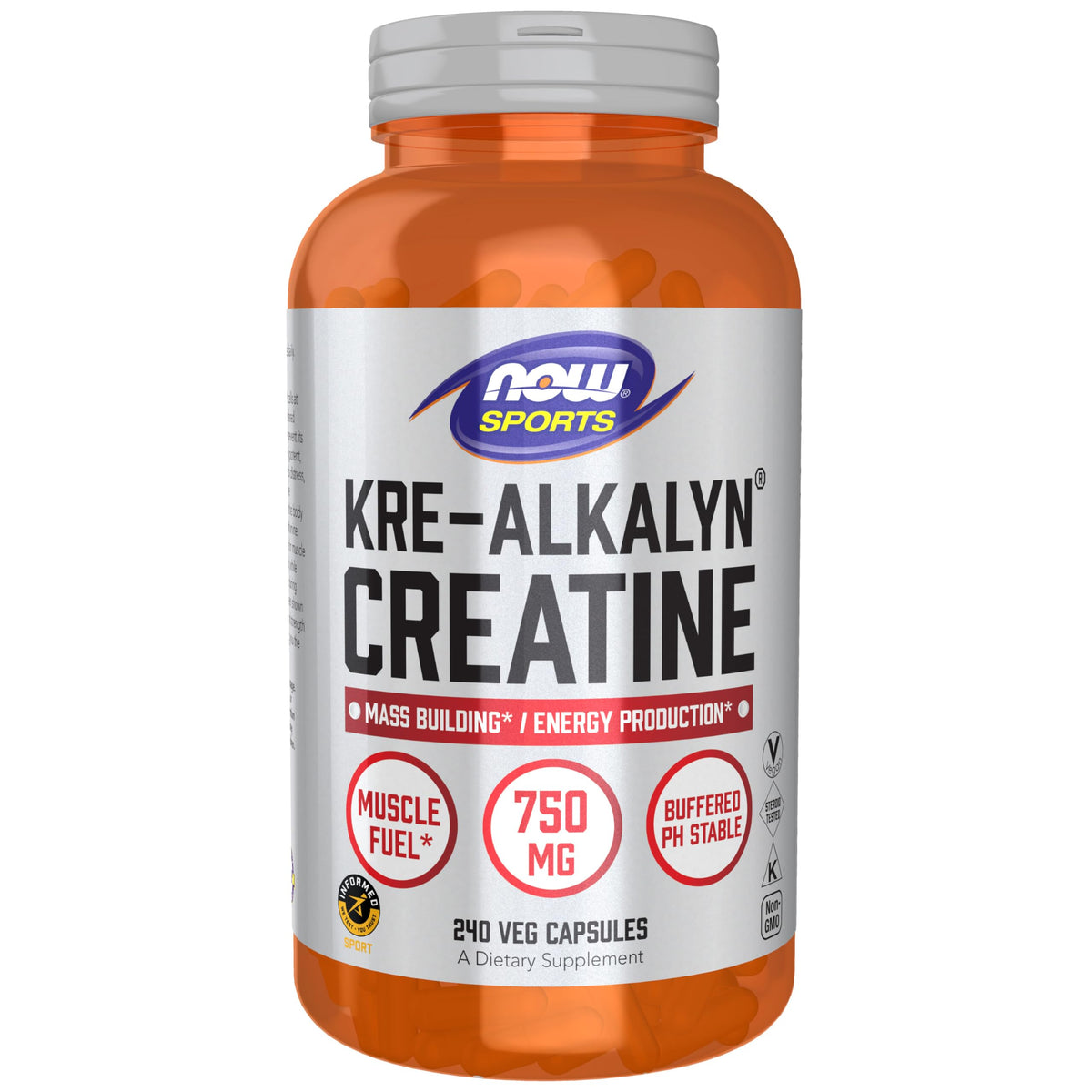 NOW Foods Kre-Alkalyn Creatine 750 mg bottle on white background