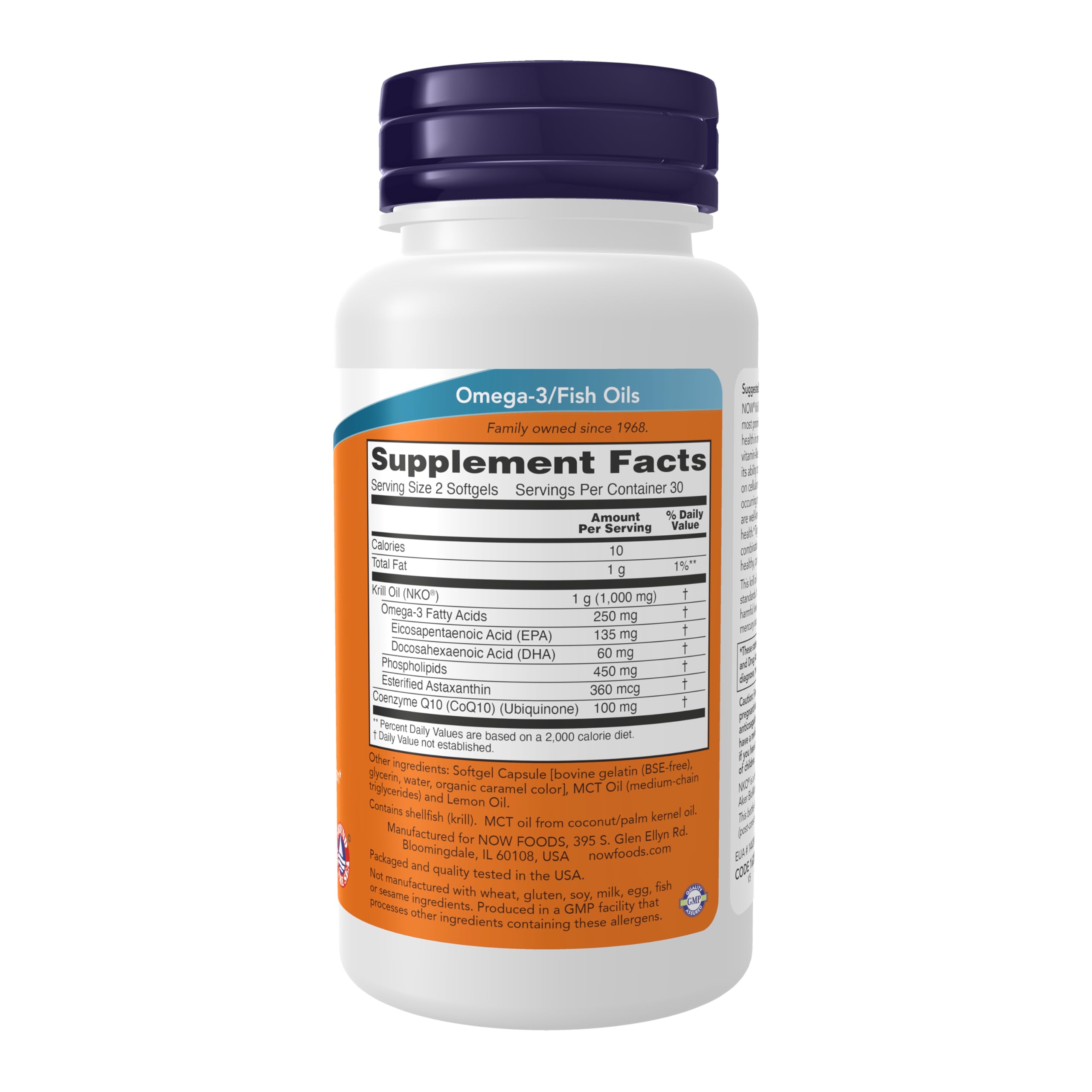Close-up of NOW Foods Krill & CoQ10 Omega-3 Softgels bottle