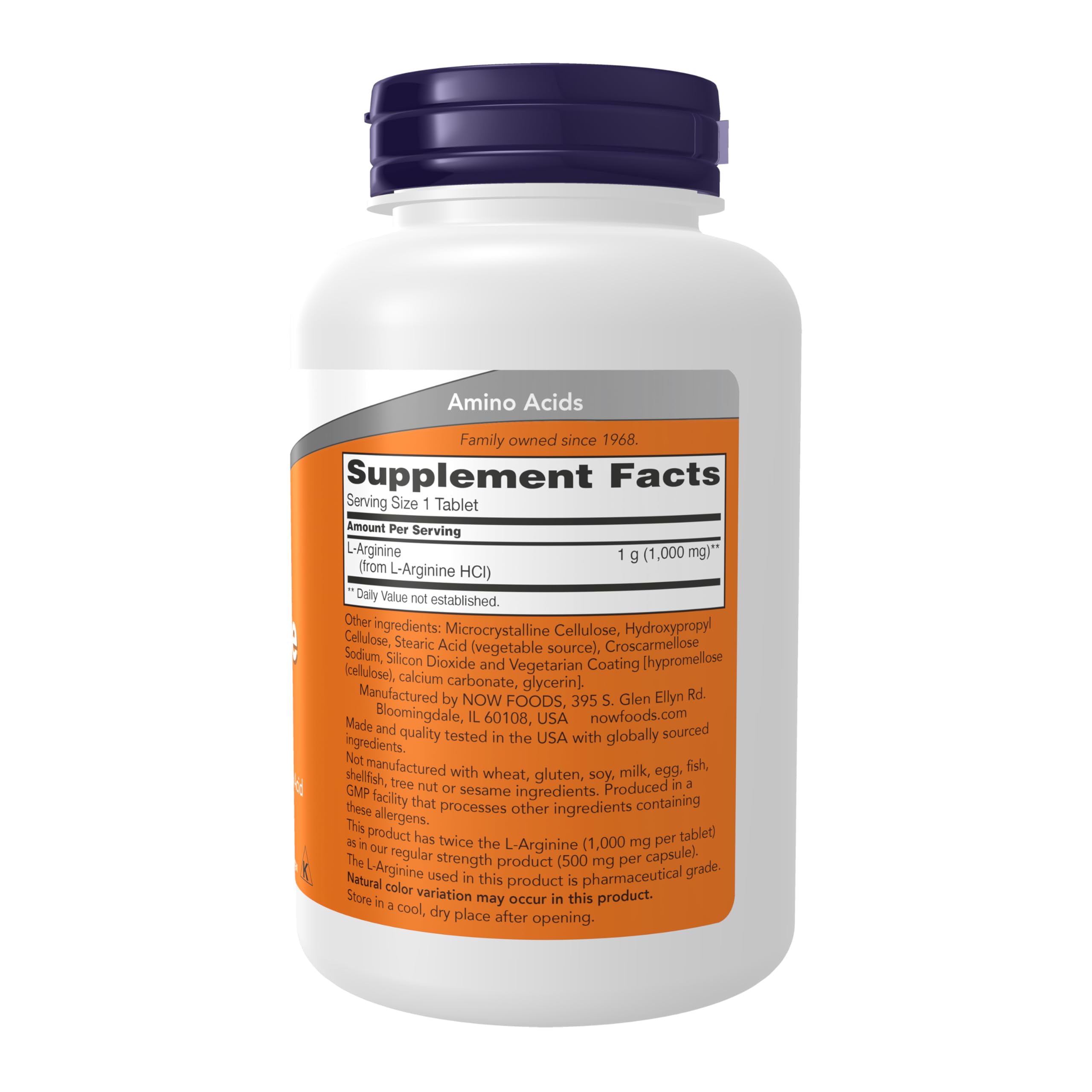 NOW Foods L-Arginine 1000 mg bottle – back panel