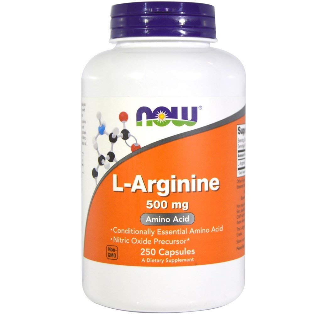 NOW Foods L-Arginine 500 mg vegan capsules bottle - side view