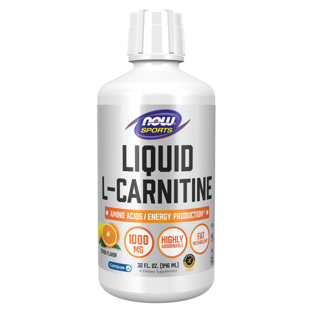 NOW Foods L-Carnitine Citrus bottle closeup highlighting 1000 mg for energy-ready performance