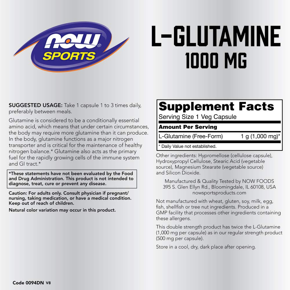 NOW Foods L-Glutamine 1000 mg bottle with label close-up