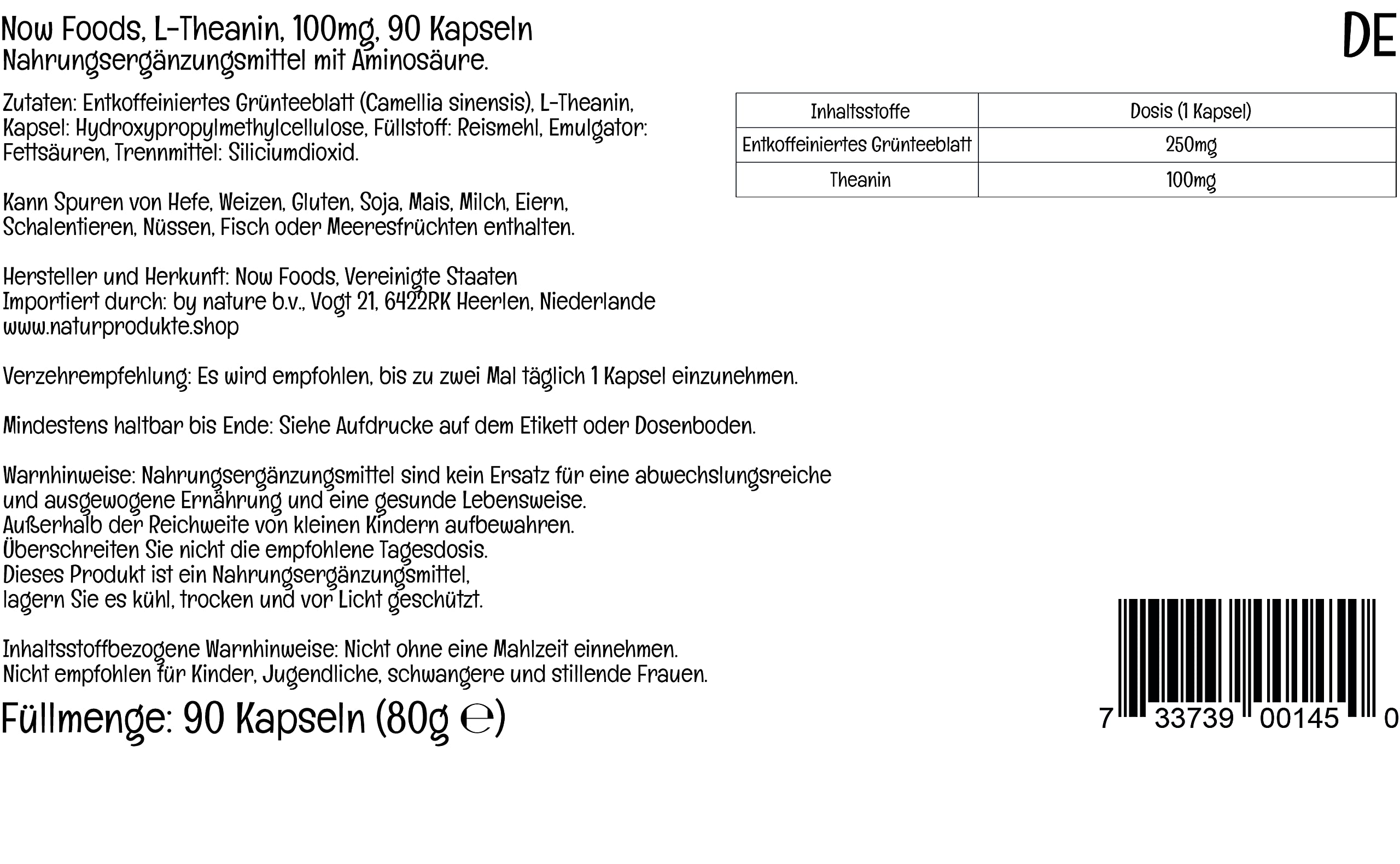 L-Theanine 100 mg 90-count capsules bottle back view