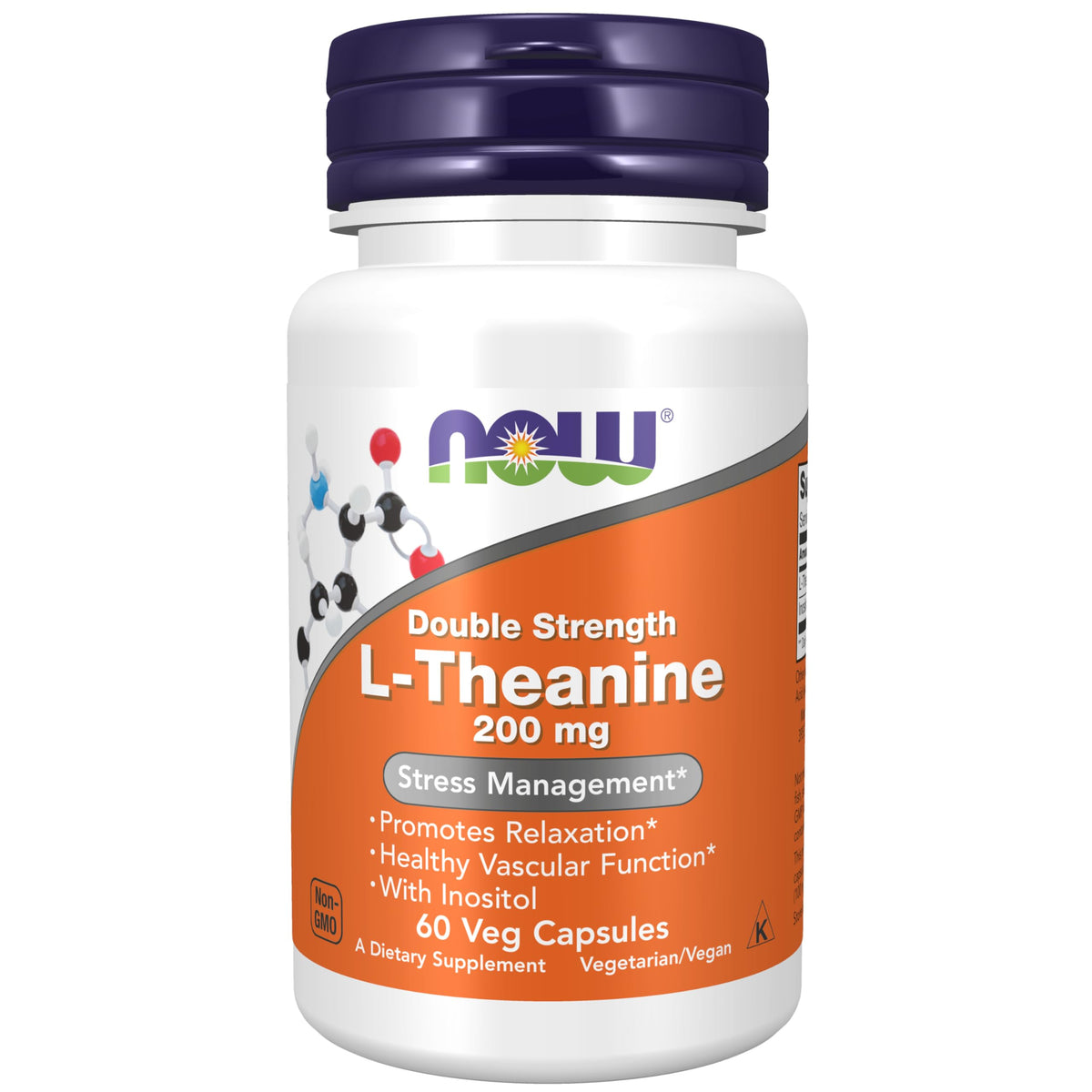 NOW Foods L-Theanine 200 mg with Inositol bottle label – 60 Veg Capsules