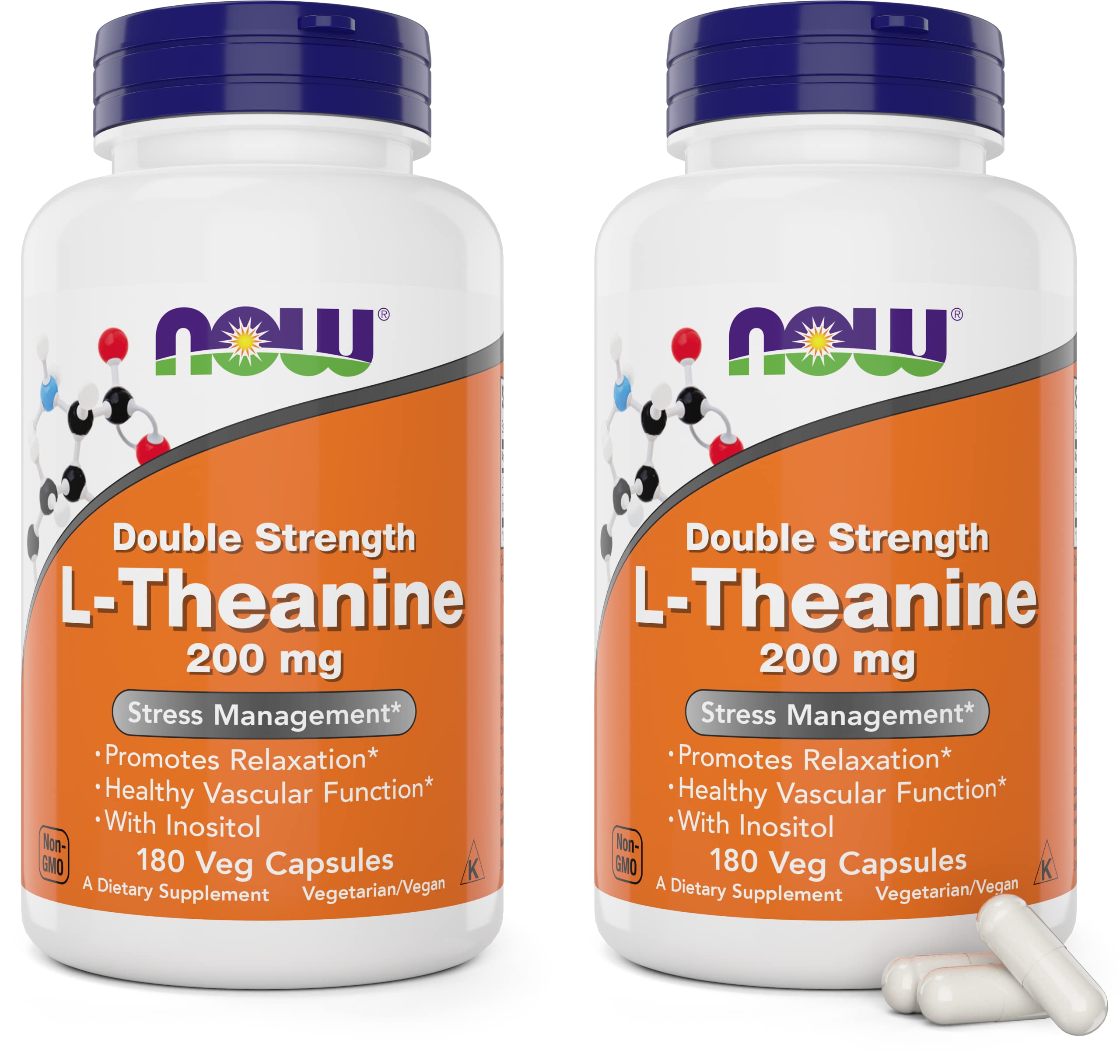 NOW Foods L-Theanine 200 mg 180 Veg Capsules Pack of 2