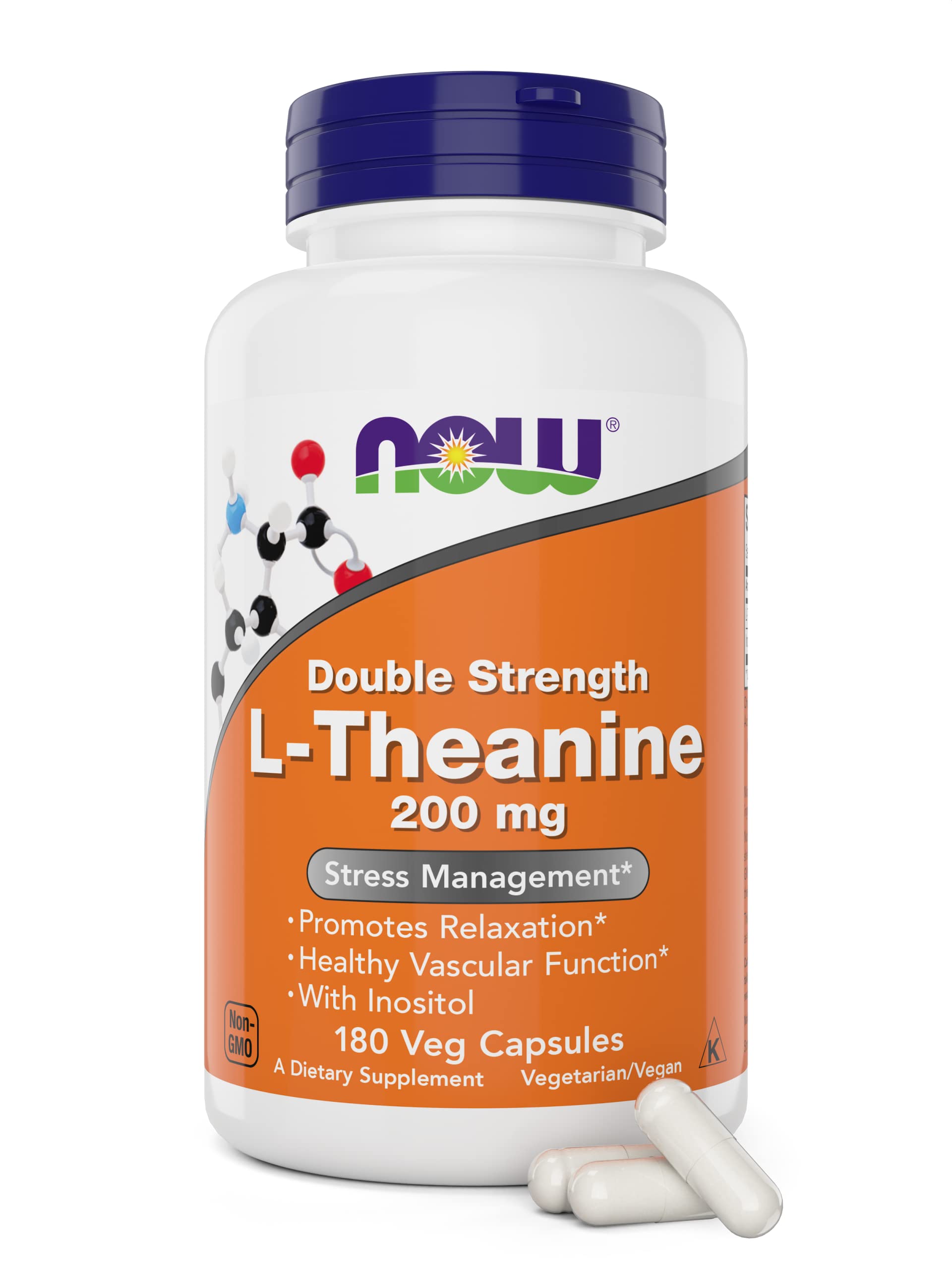 NOW Foods L-Theanine 200 mg 180-count vegan capsules bottle