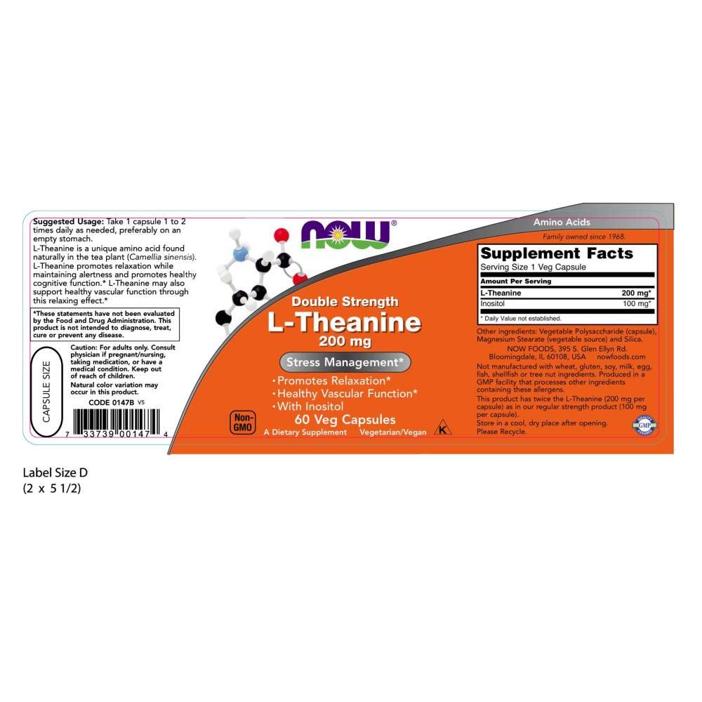 Close-up of ingredients for NOW Foods L-Theanine 200 mg with Inositol