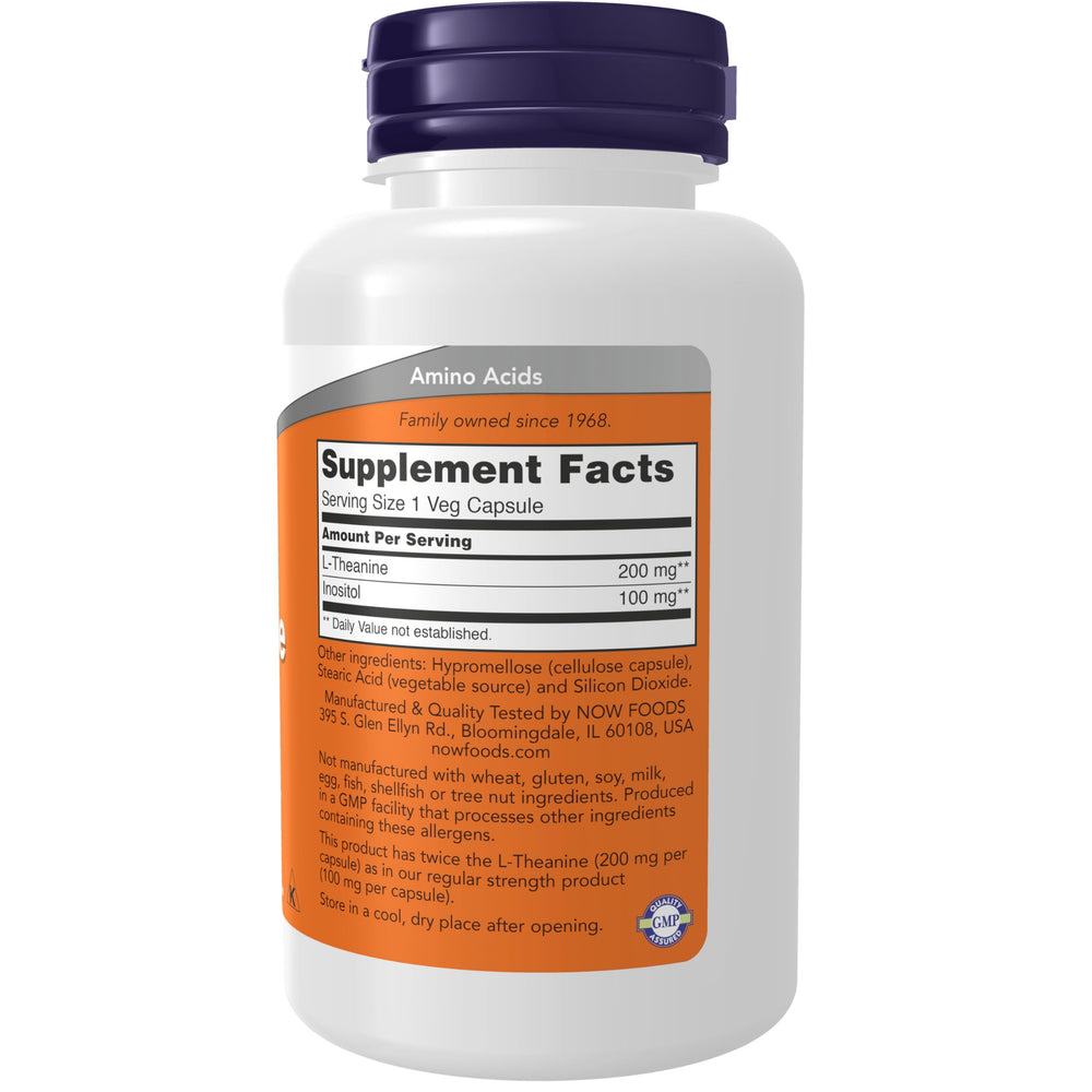 Close-up of NOW Foods L-Theanine 200 mg with Inositol packaging