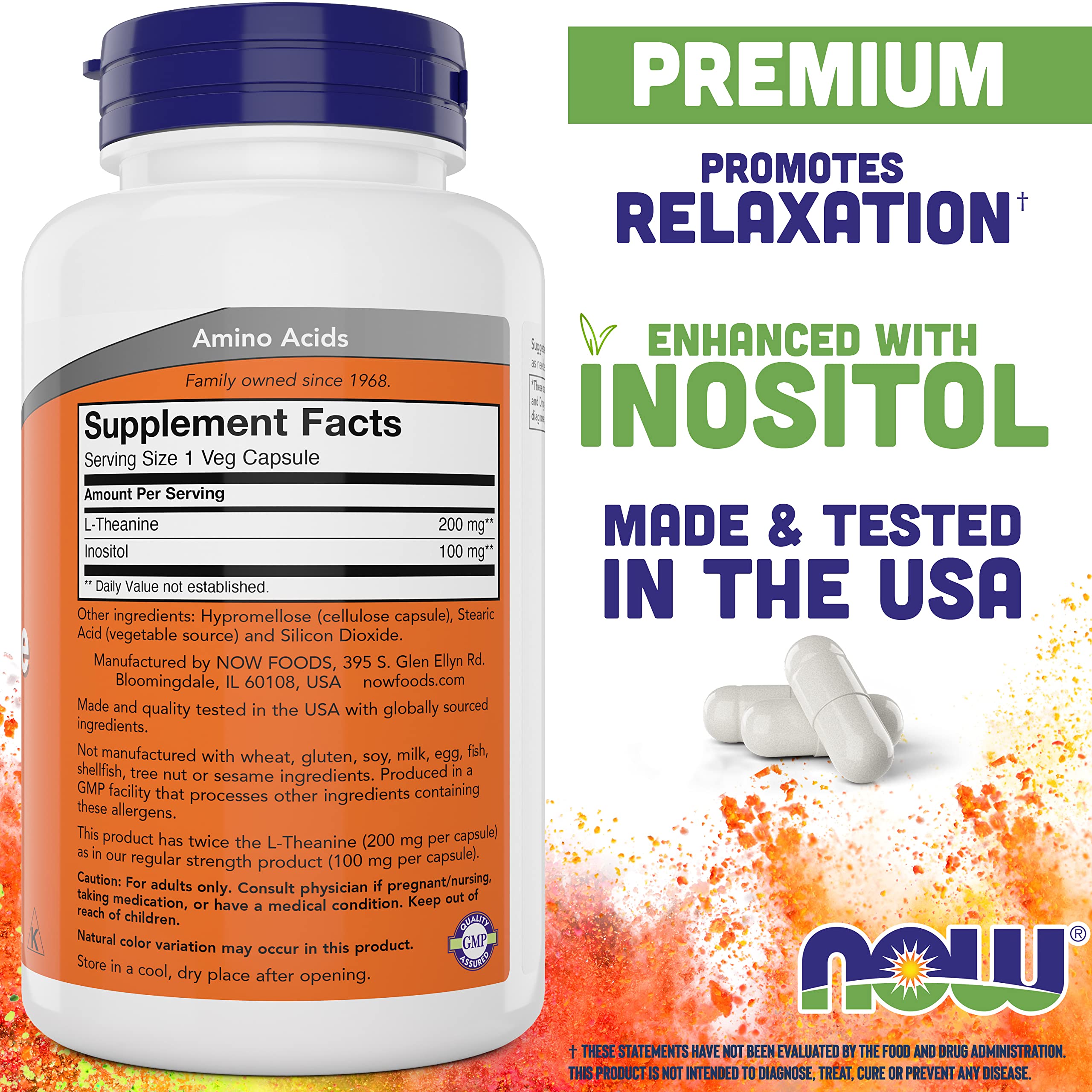 Front label of NOW Foods L-Theanine 200 mg bottle