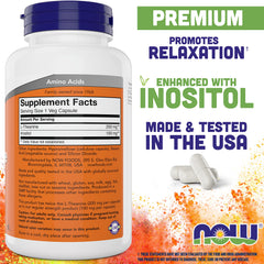 Front label of NOW Foods L-Theanine 200 mg bottle