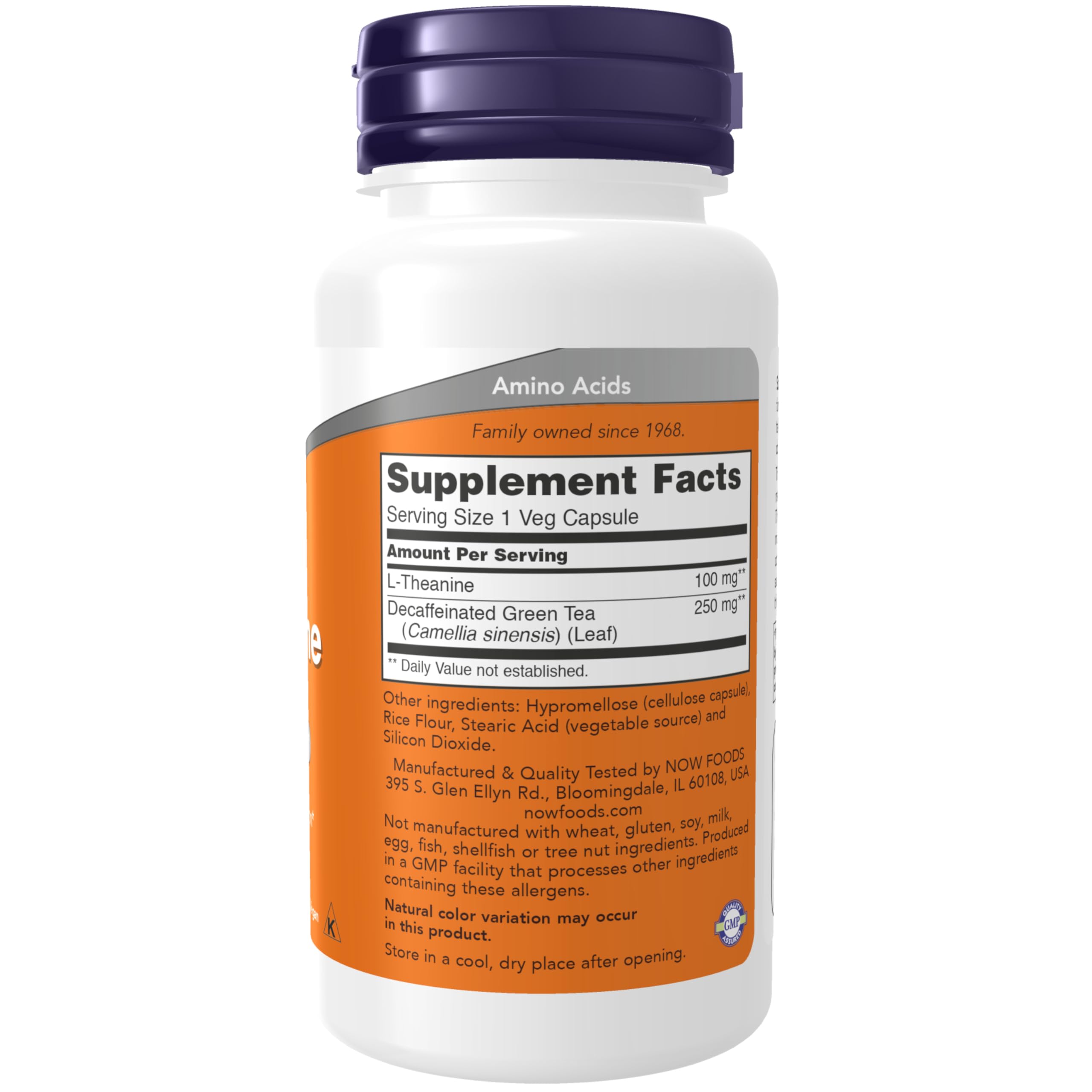 Close-up of L-Theanine 100 mg capsules in bottle
