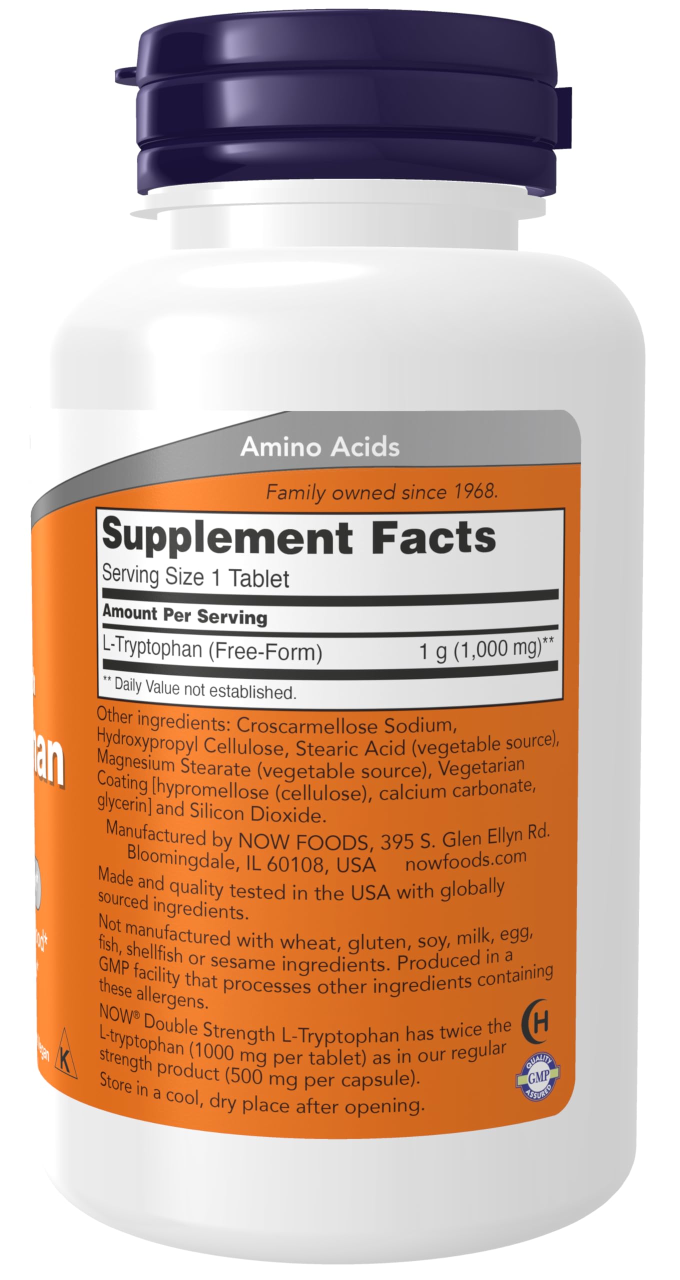 Close-up of NOW Foods L-Tryptophan 1000 mg tablets