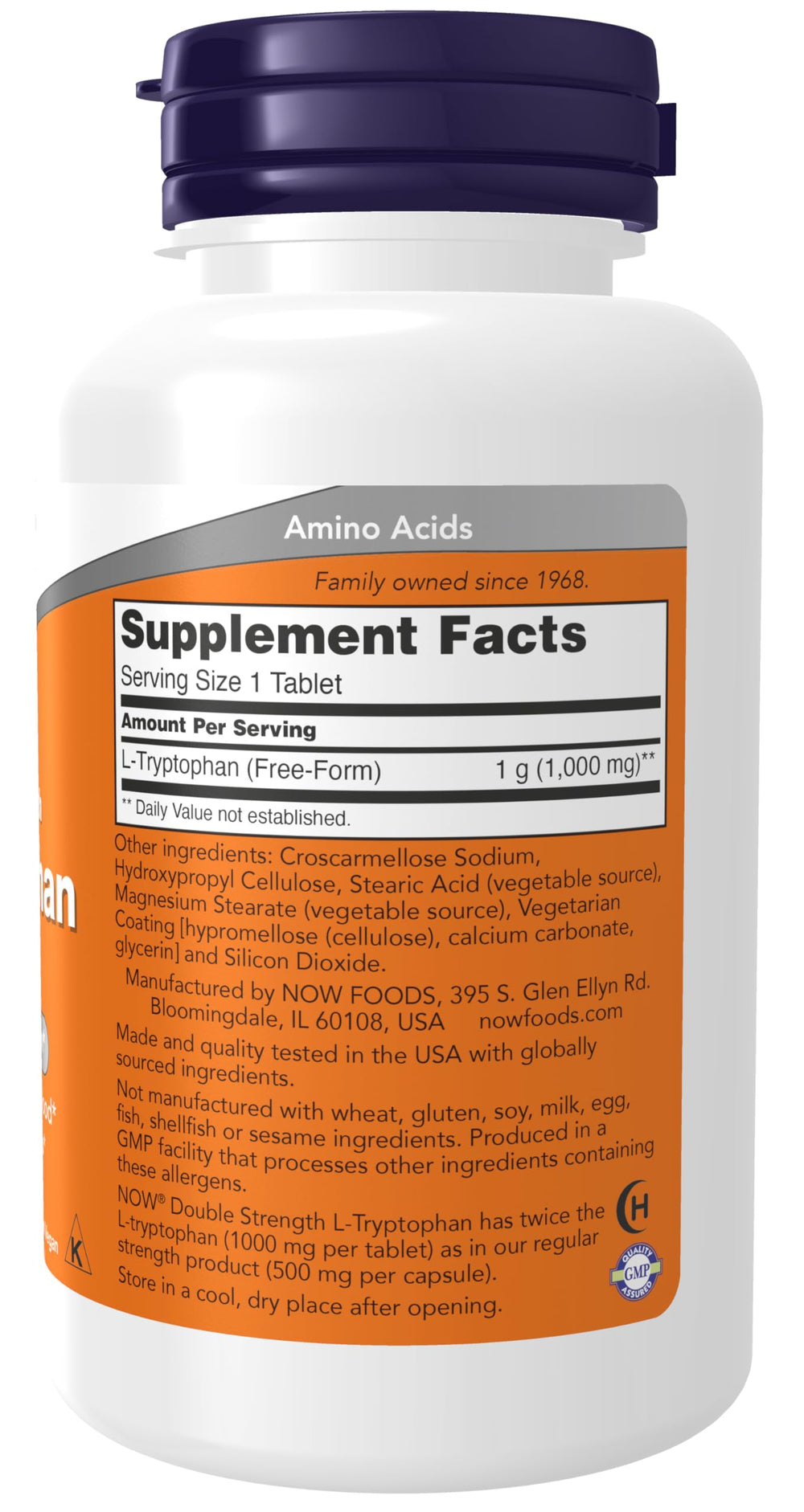 Close-up of NOW Foods L-Tryptophan 1000 mg tablets