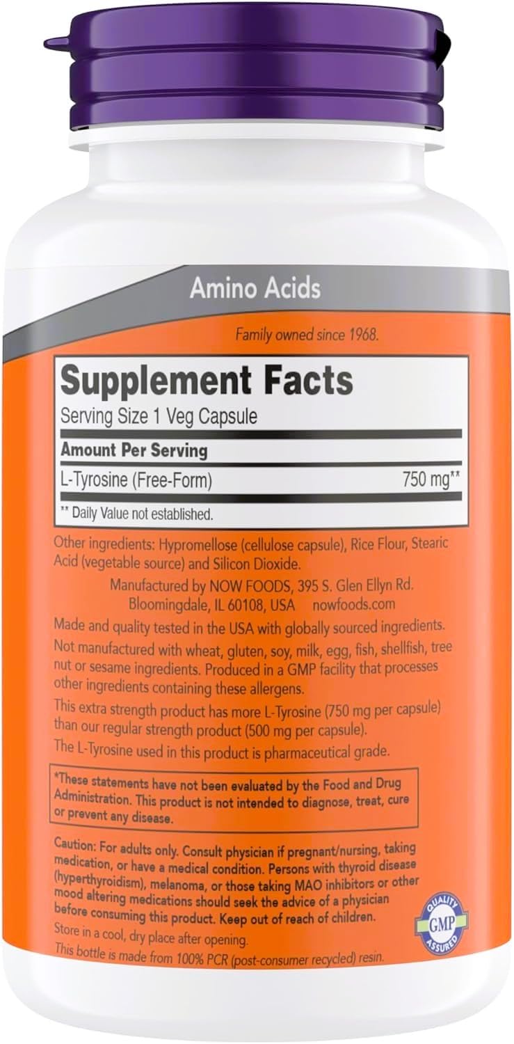 NOW Foods L-Tyrosine 750 mg bottle – back view with label