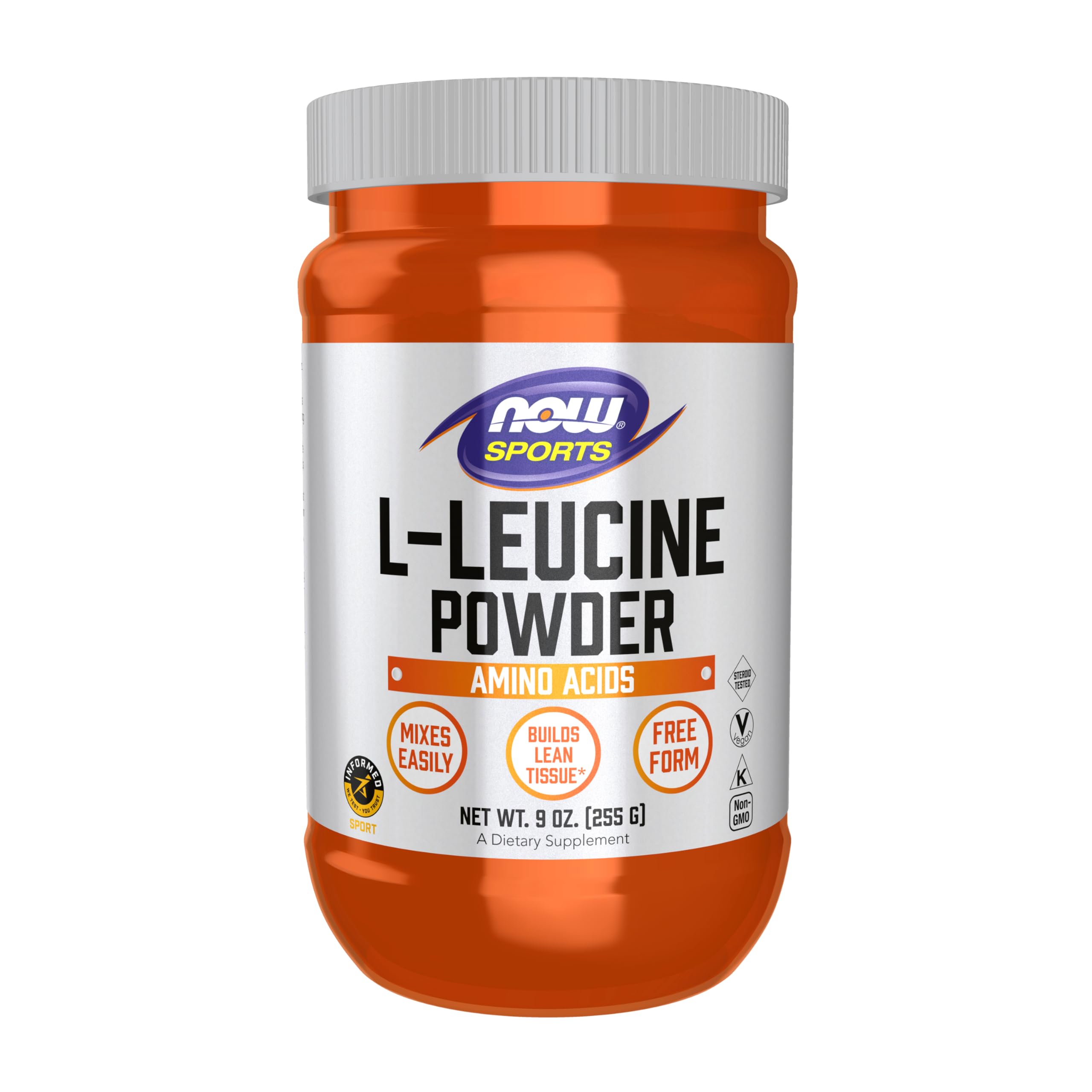 NOW Foods Leucine powder container supports lean tissue after workouts.