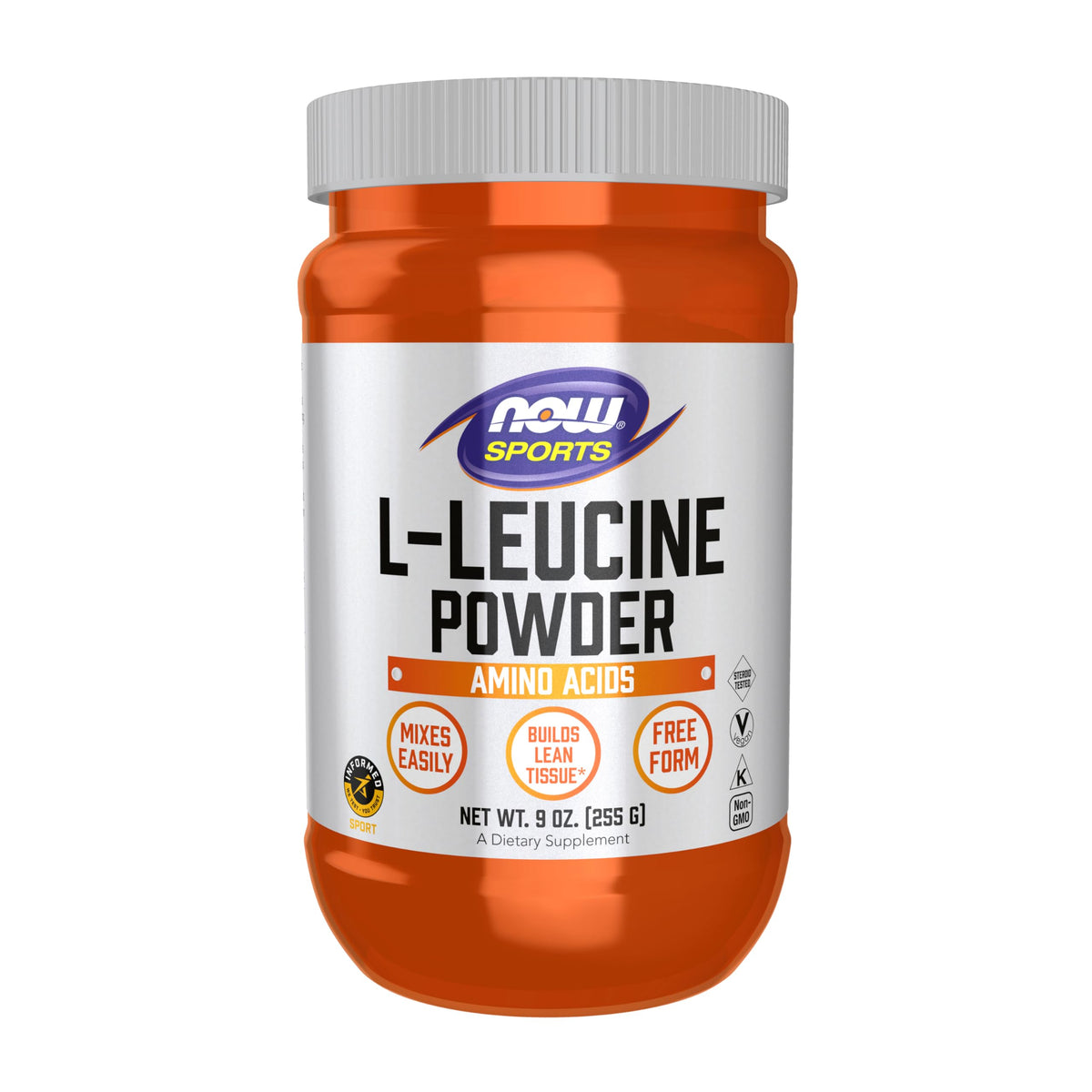 NOW Foods Leucine powder container supports lean tissue after workouts.
