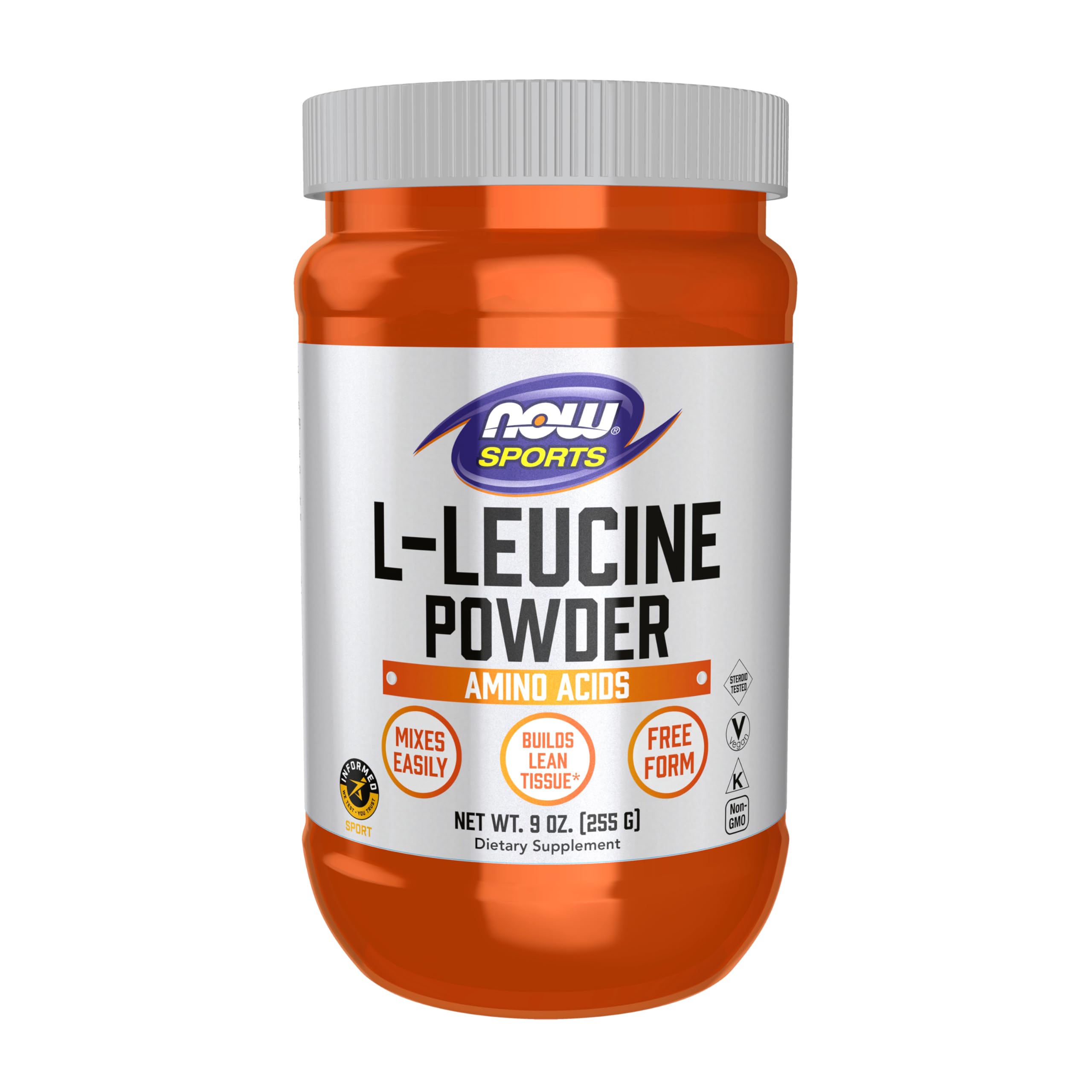 NOW Foods Leucine powder container supports lean tissue after workouts.