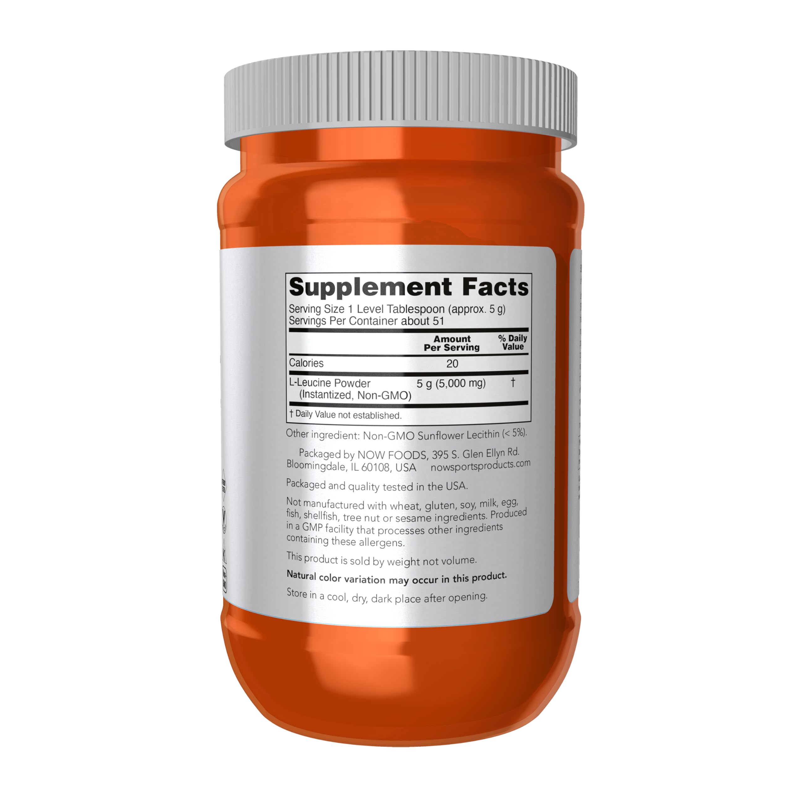 NOW Foods Leucine powder label close-up shows vegan formula and GMP quality.