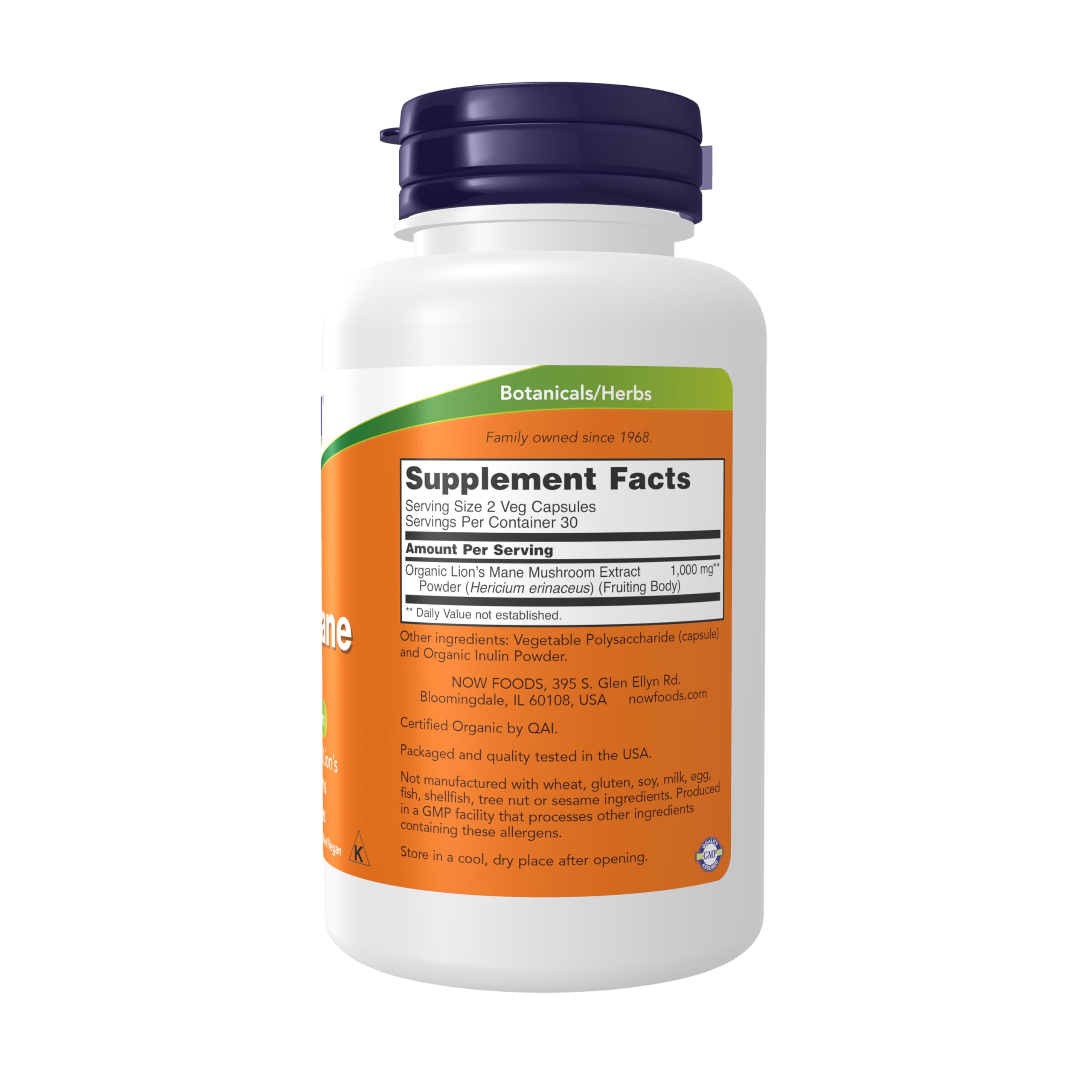 NOW Foods Lion's Mane 60 Veg Capsules label close-up