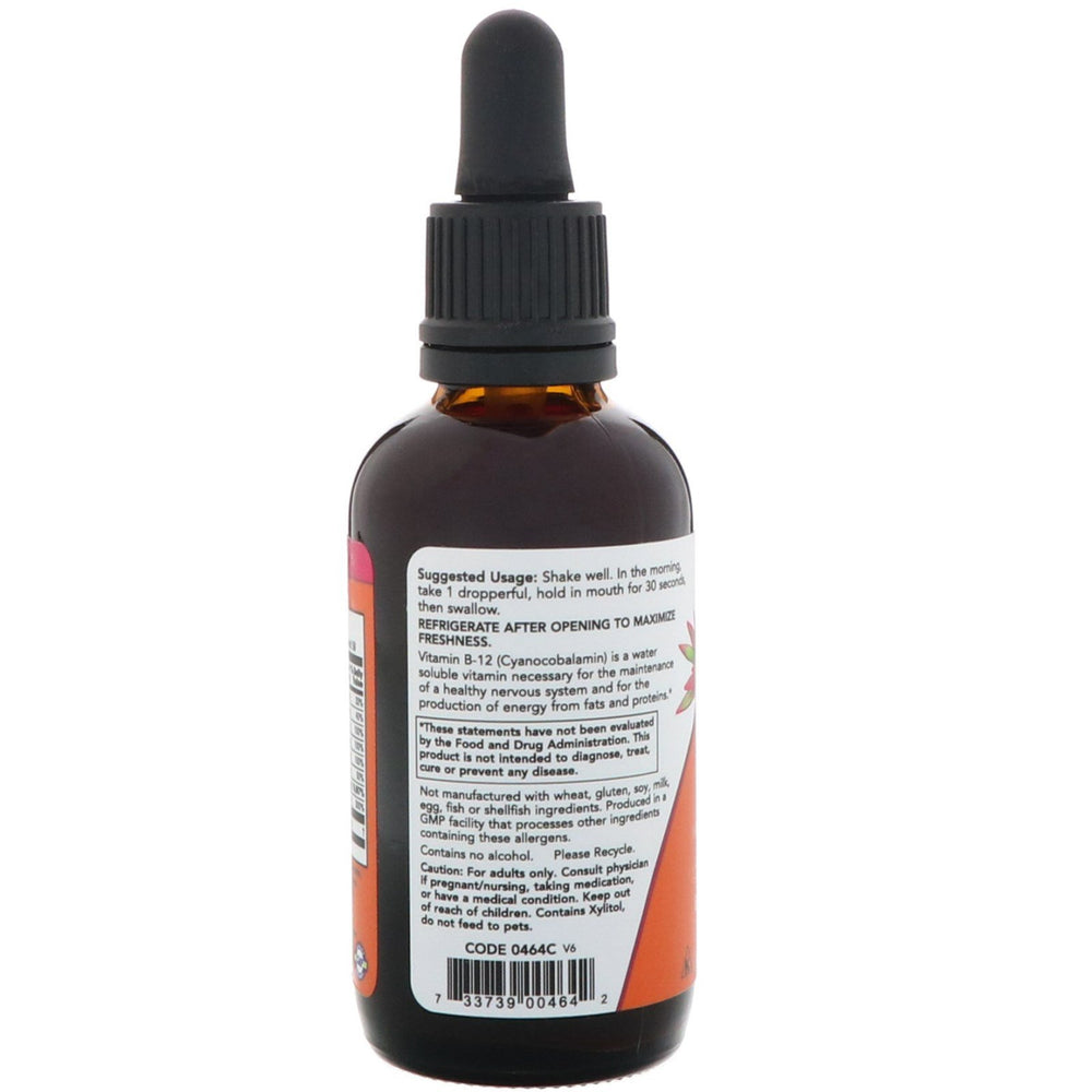 Close-up of Now Foods Liquid B-12 (B Complex) 2 fl oz packaging
