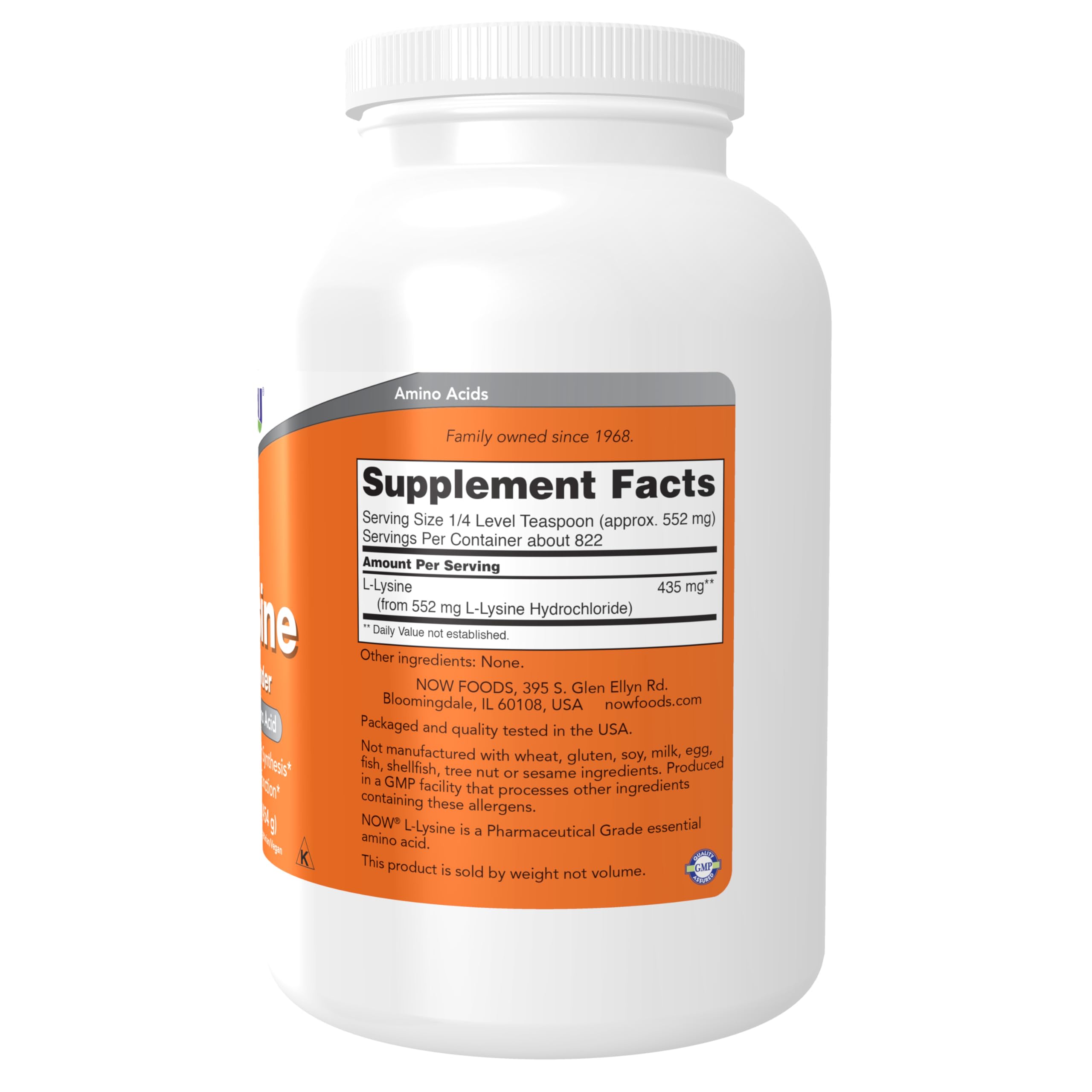 NOW Foods L-Lysine Powder 1 lb bottle back and label