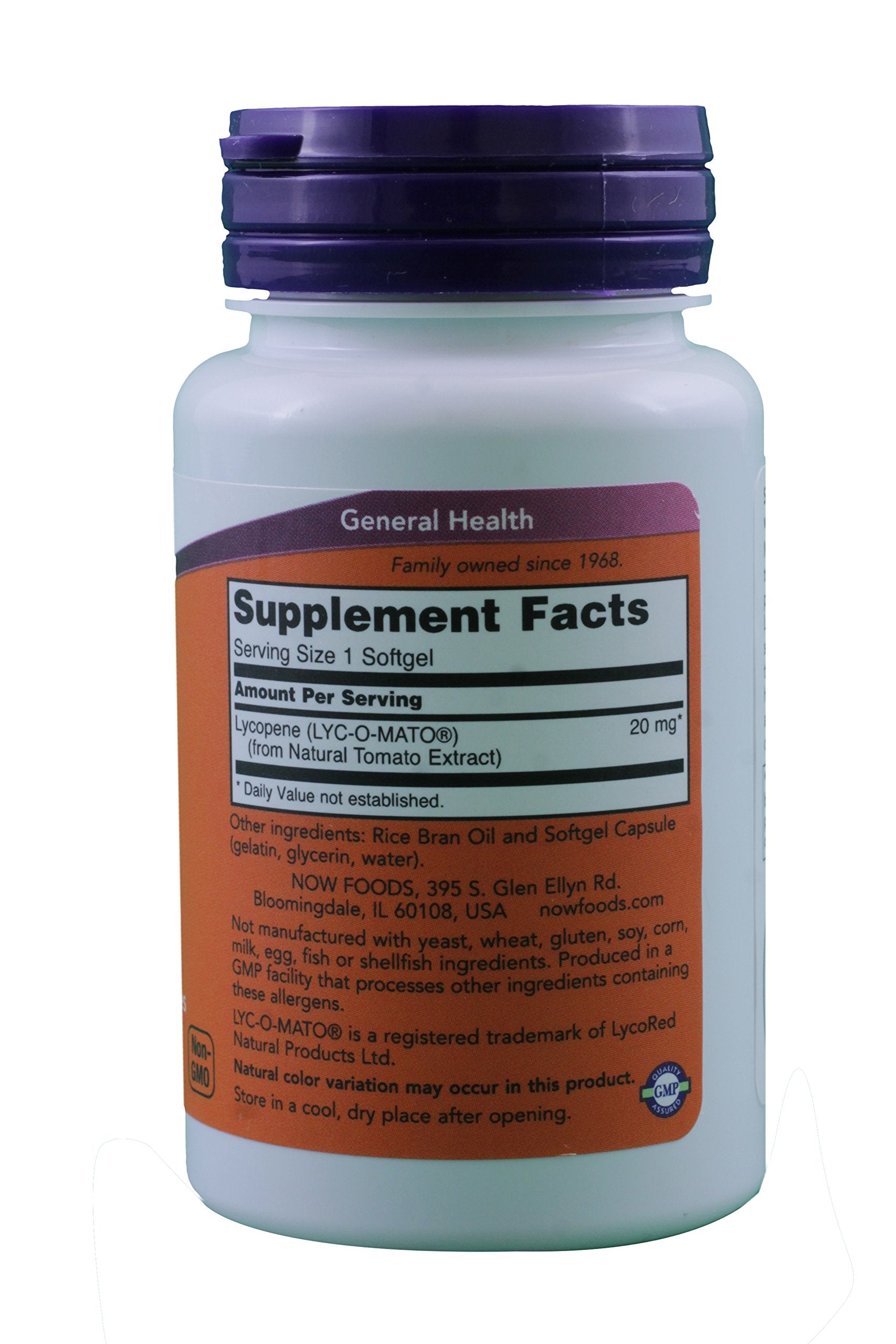 NOW Lycopene product image showing two 50-softgel bottles