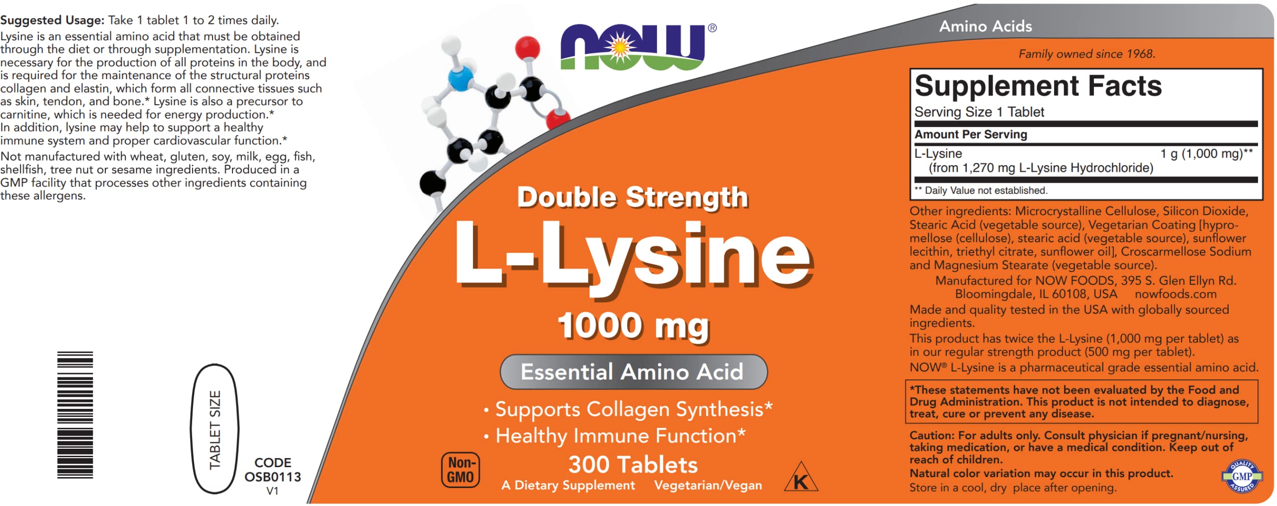 Ingredients and supplement facts panel for lysine 1000mg