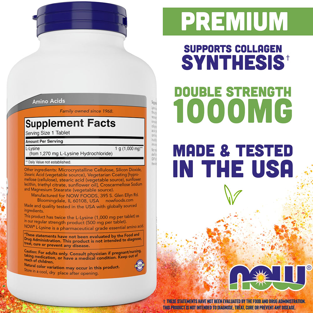 Now Foods L-Lysine 1000mg tablets back panel