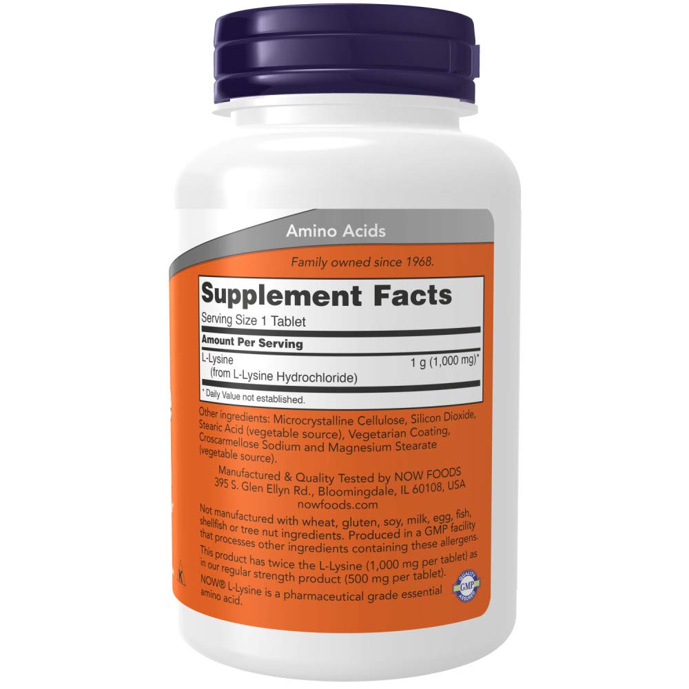 Close-up of label on NOW Foods L-Lysine 1000mg bottle