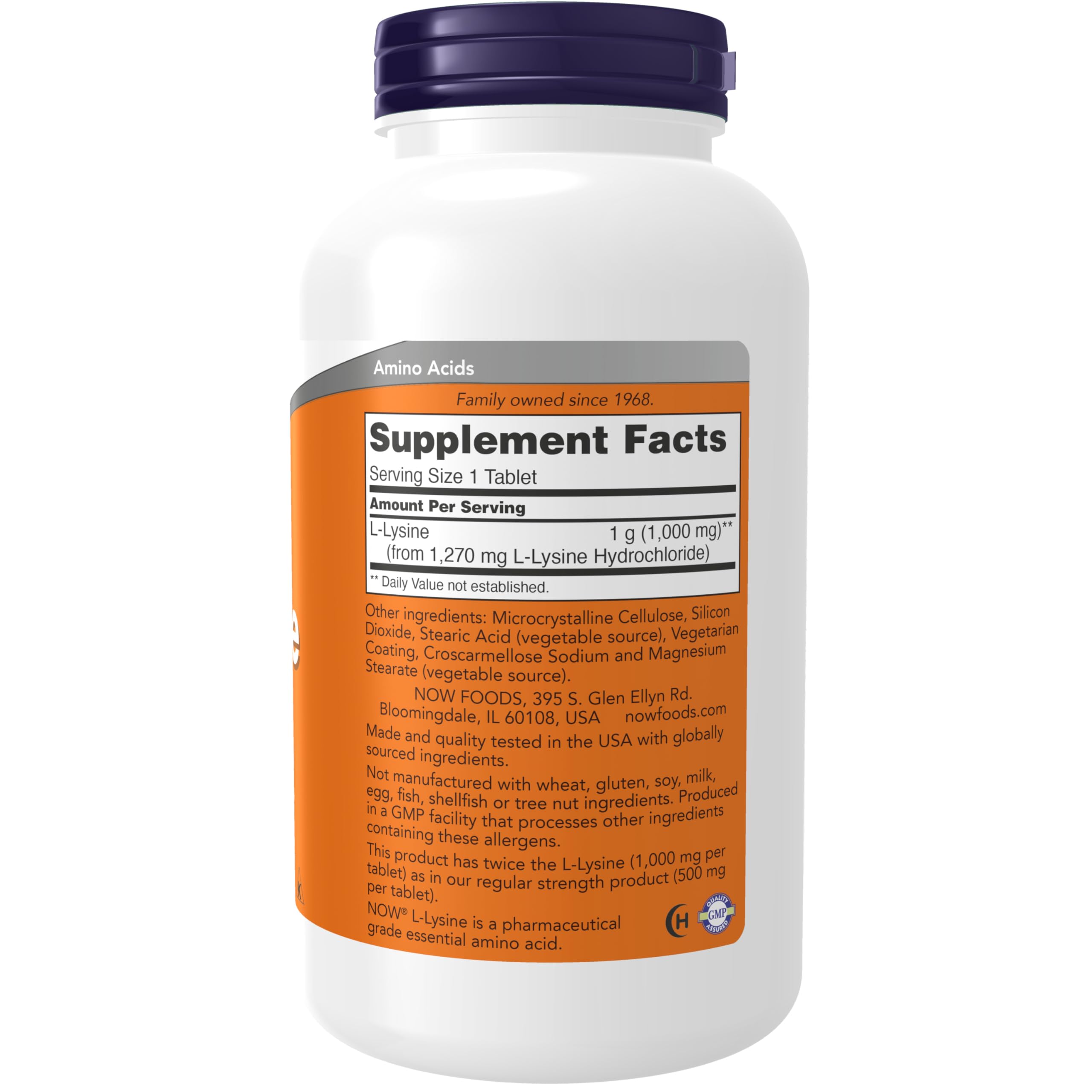 L-Lysine 1,000 mg vegan tablets in bottle