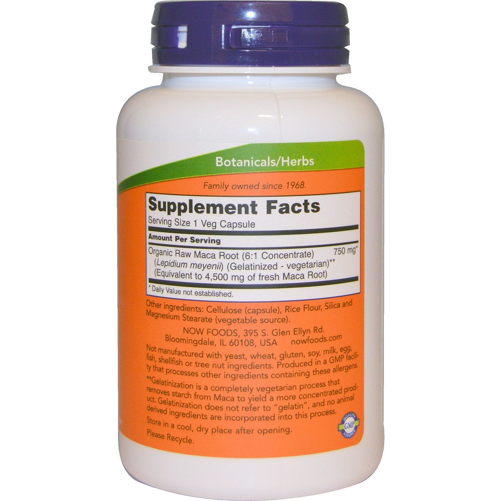 Now Foods Maca Raw 750 mg 2-Pack – 90 Veggie Caps bottle back label