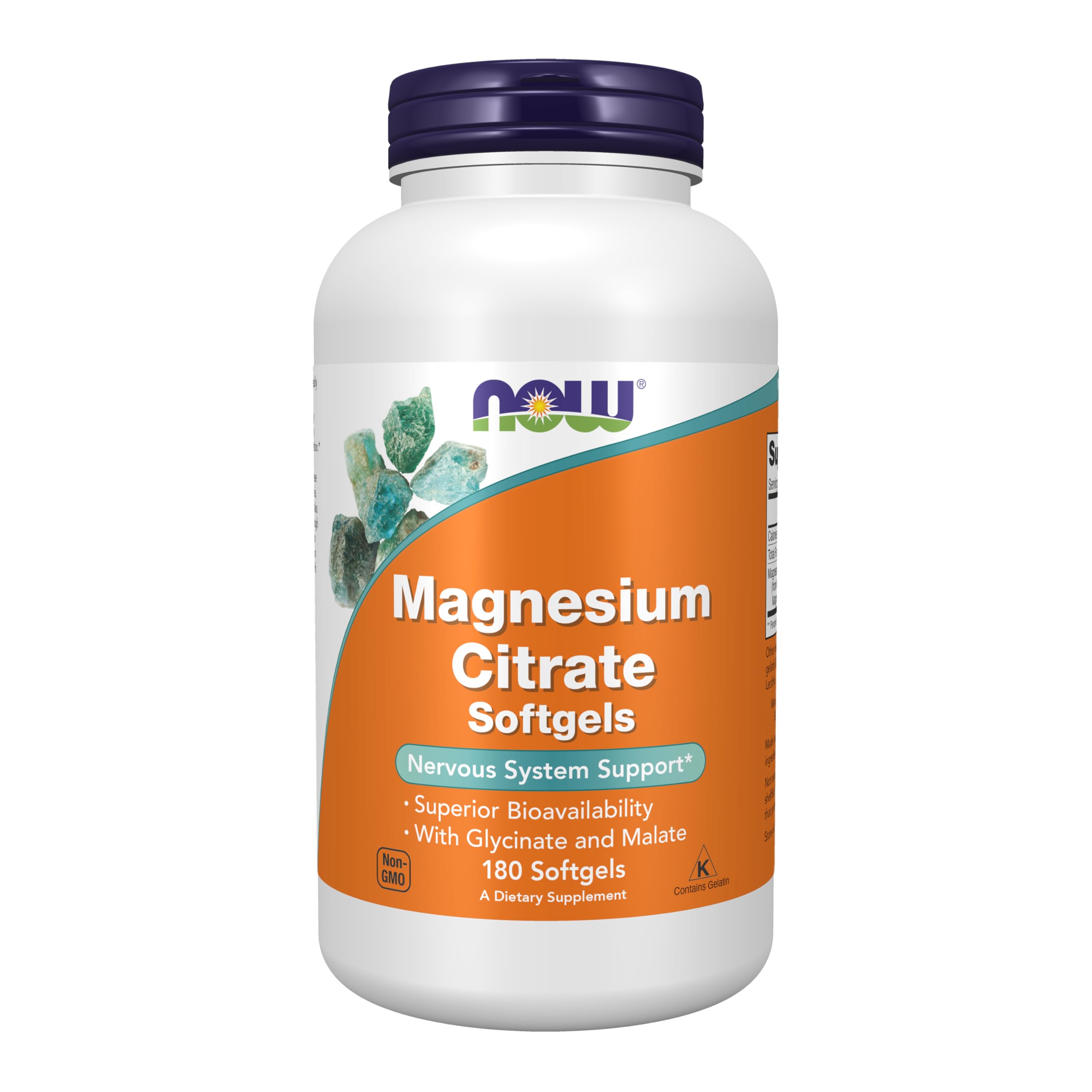 NOW Foods Magnesium Citrate Softgels bottle for convenient daily nervous system support.