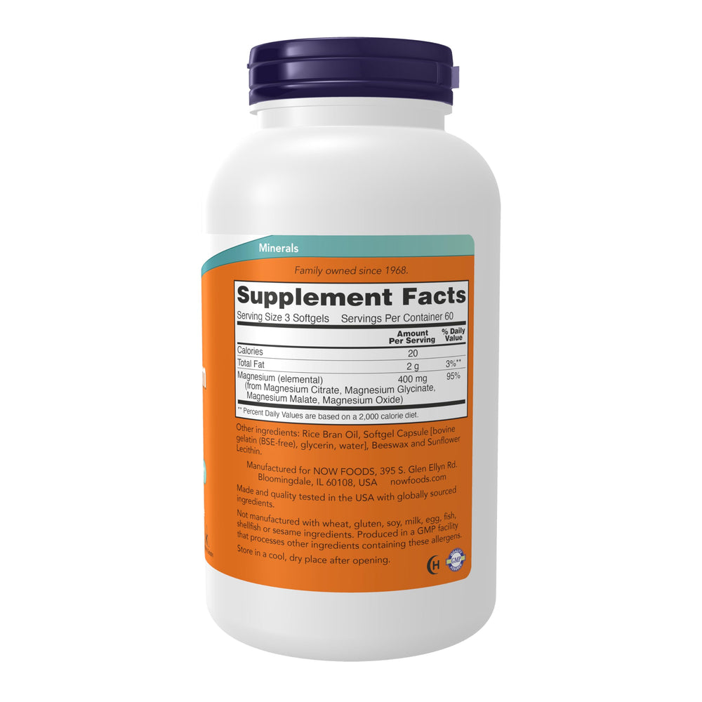 NOW Foods Magnesium Citrate Softgels pour shows easy dosing for energy and muscle function.