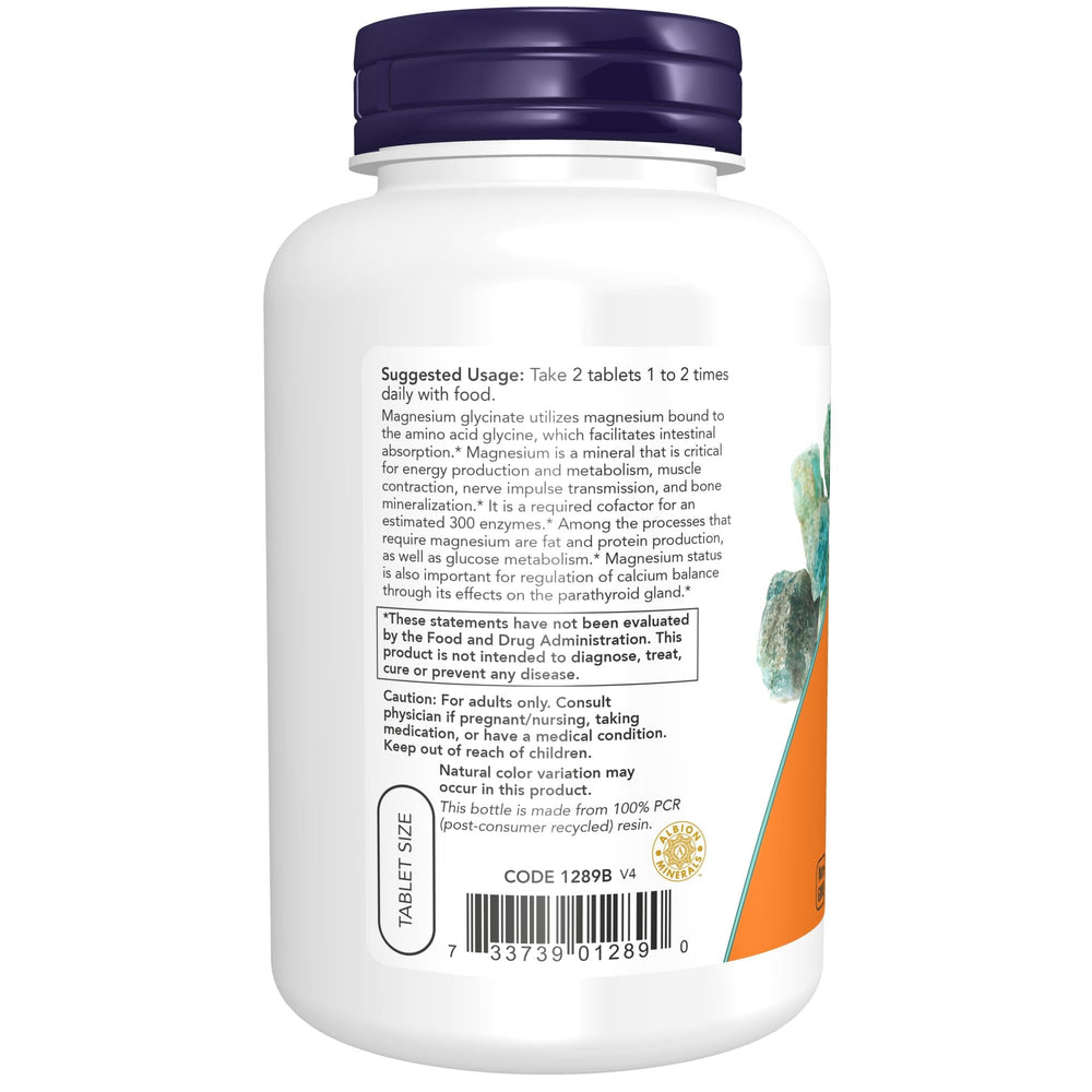 NOW Foods Magnesium Glycinate 100 mg bottle on white background