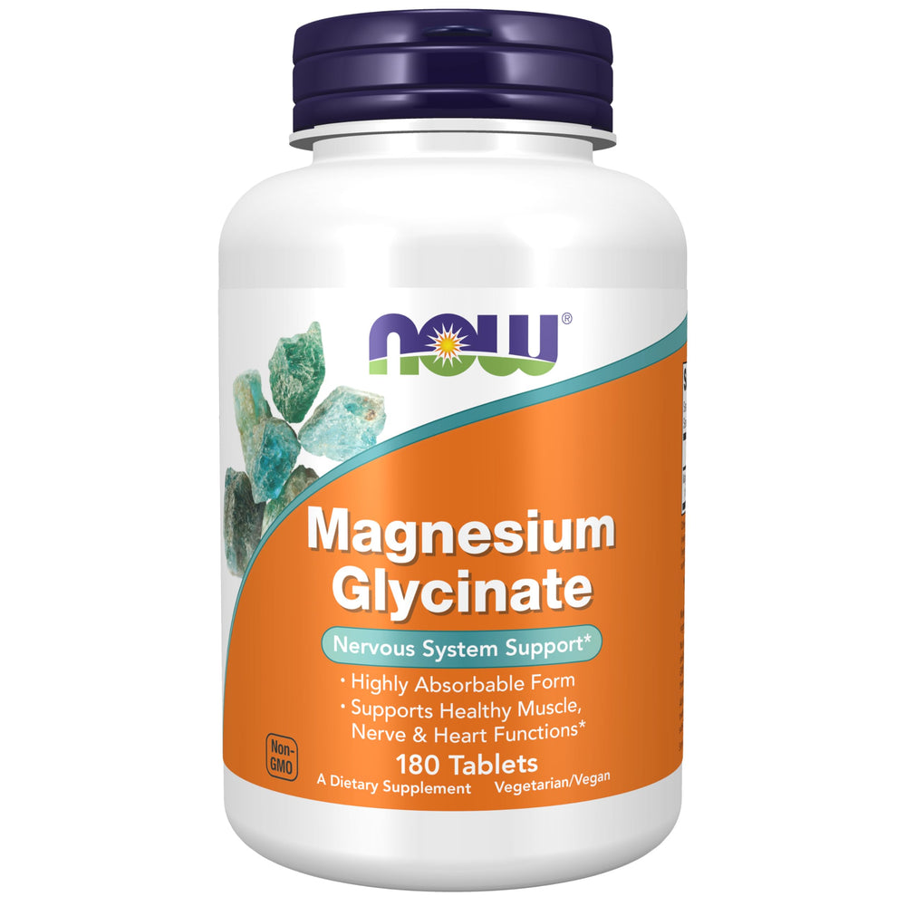 NOW Foods Magnesium Glycinate 100 mg bottle front with easy daily tablets.