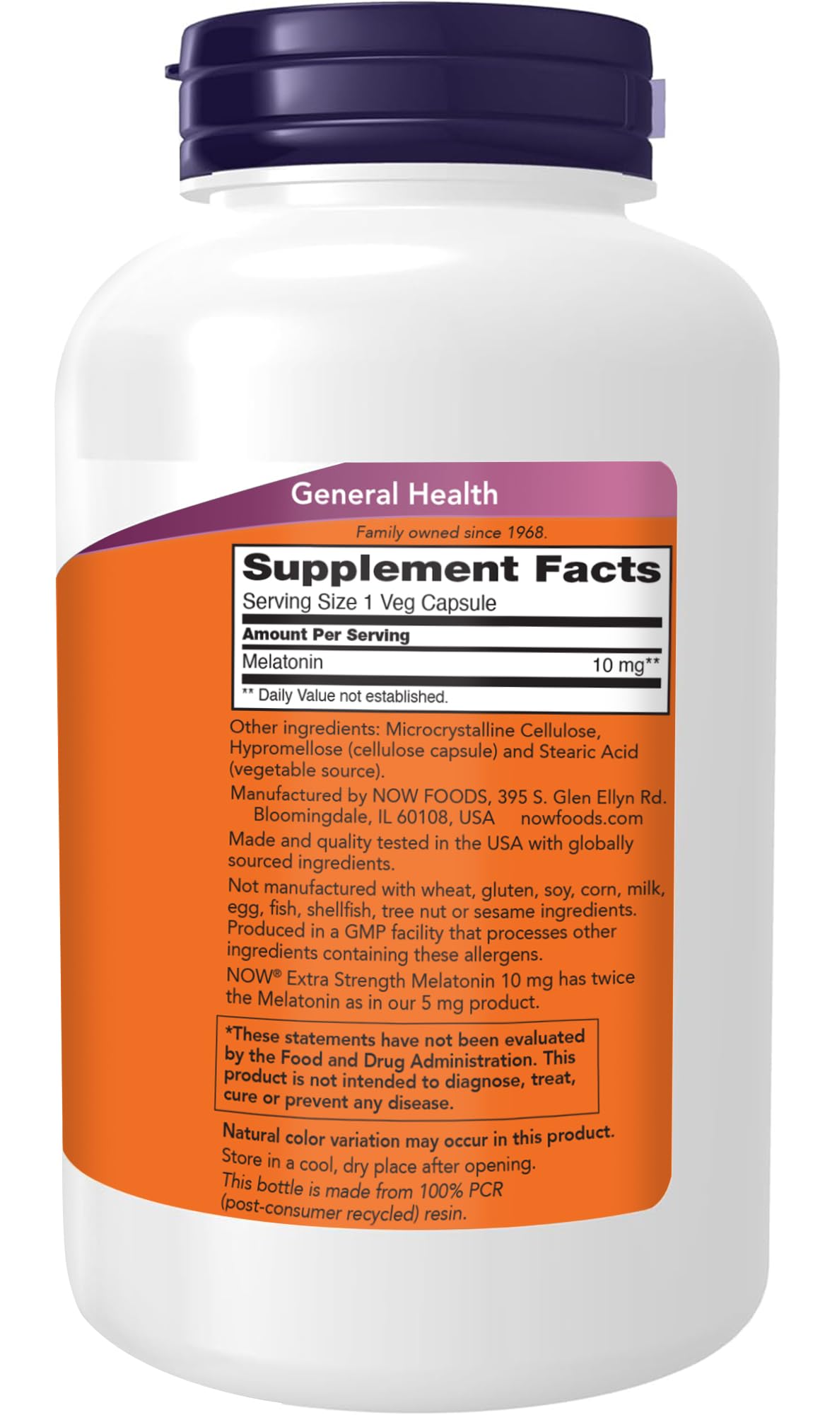 Close-up of NOW Foods Melatonin 10 mg label